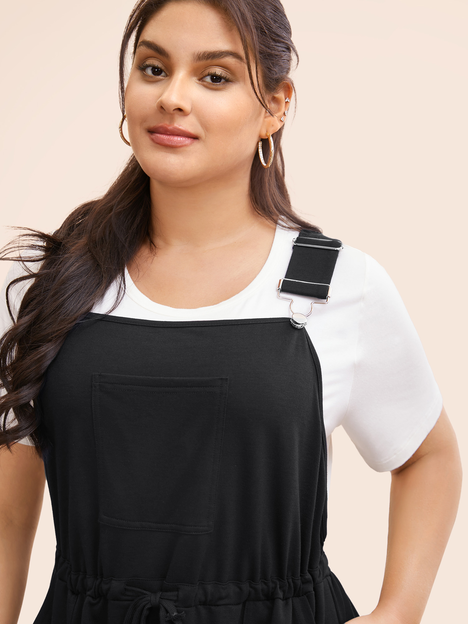 

Plus Size Plain Pocket Drawstring Overall Dress Black Women Casual Non Non Sleeveless Curvy BloomChic