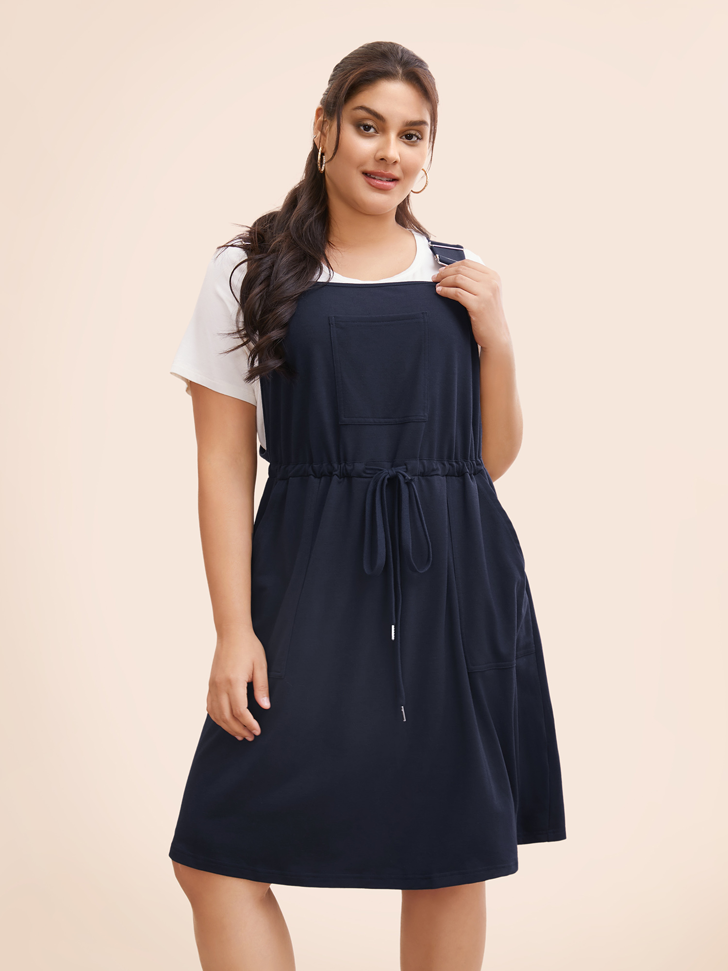 

Plus Size Plain Pocket Drawstring Overall Dress Navy Women Casual Non Non Sleeveless Curvy BloomChic