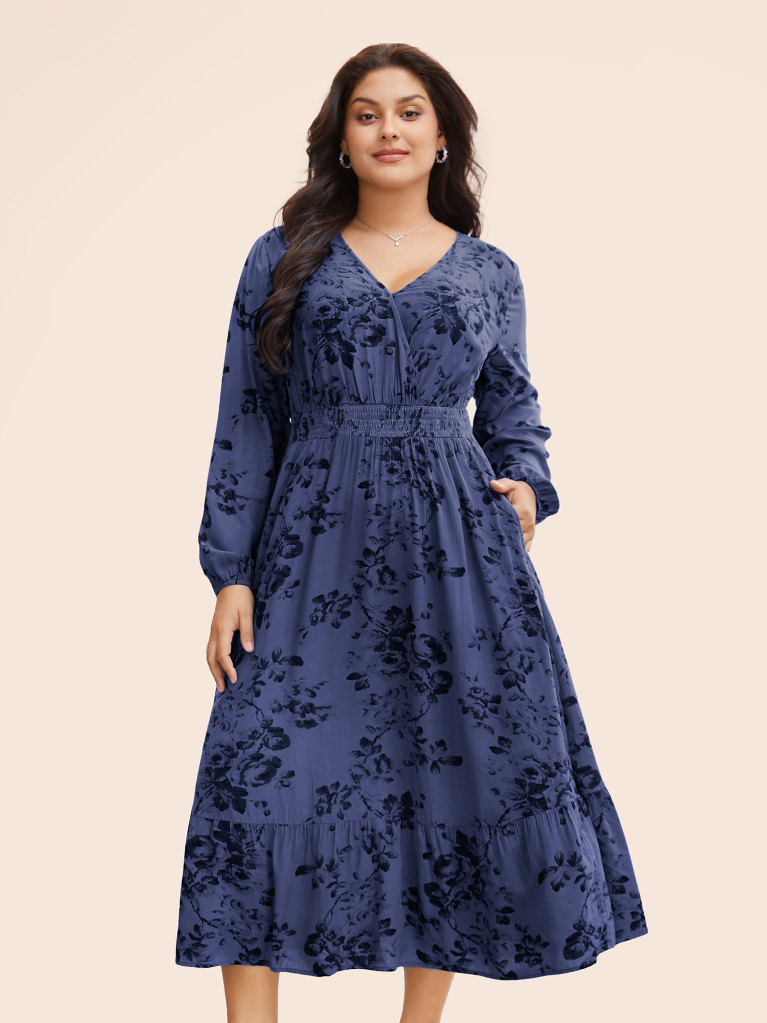 

Plus Size Floral Wrap Lantern Sleeve Pocket Shirred Ruffle Hem Dress Indigo Women Elegant Pocket V-neck Long Sleeve Curvy Midi Dress BloomChic