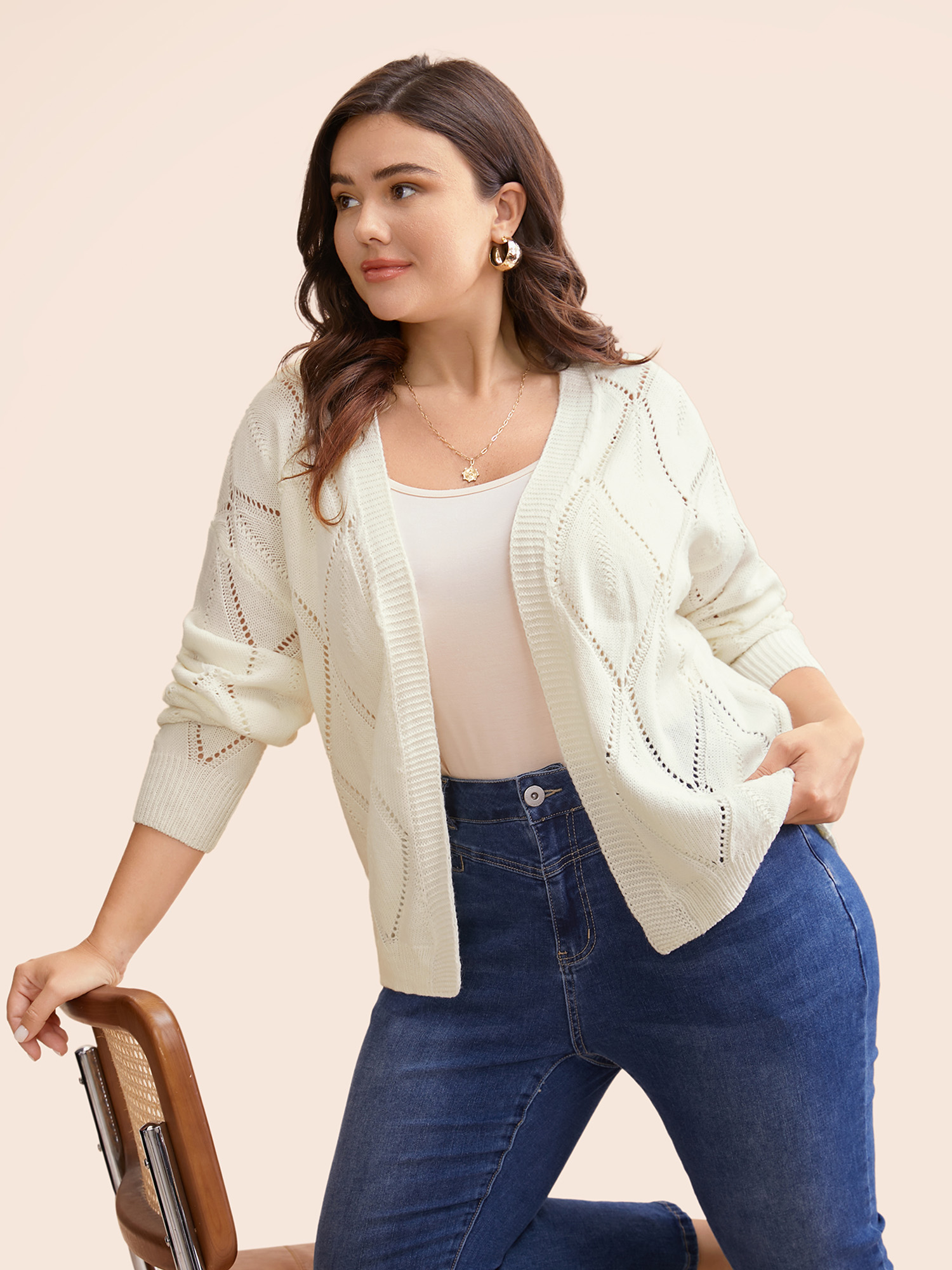 

Plus Size Textured Open Front Cut Out Cardigan Originalwhite Women Casual Loose Long Sleeve Everyday Cardigans BloomChic