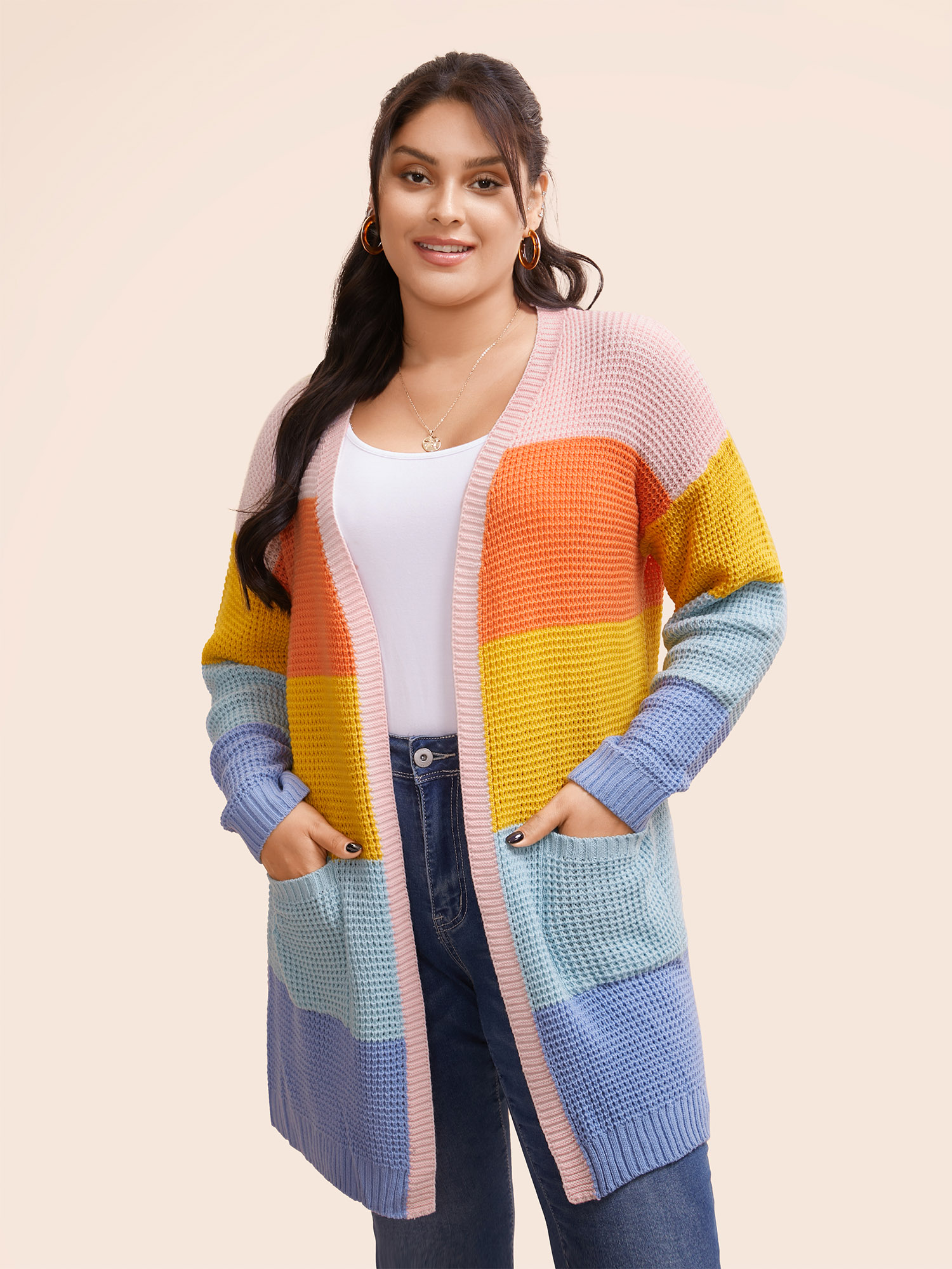 

Plus Size Colorblock Contrast Drop Shoulder Pocket Cardigan Multicolor Women Casual Loose Long Sleeve Everyday Cardigans BloomChic