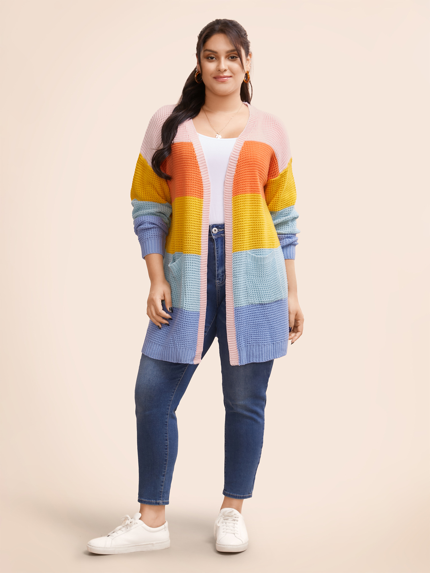 Plus Size Colorblock Contrast Drop Shoulder Pocket Cardigan Multicolor Women Casual Loose Long Sleeve Everyday Cardigans BloomChic 14-16/1X 