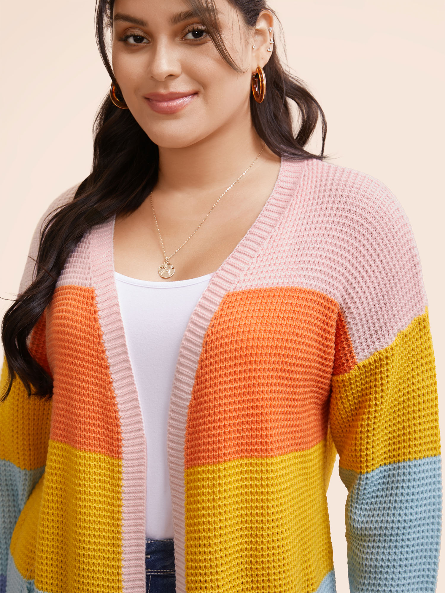 Plus Size Colorblock Contrast Drop Shoulder Pocket Cardigan Multicolor Women Casual Loose Long Sleeve Everyday Cardigans BloomChic 14-16/1X 