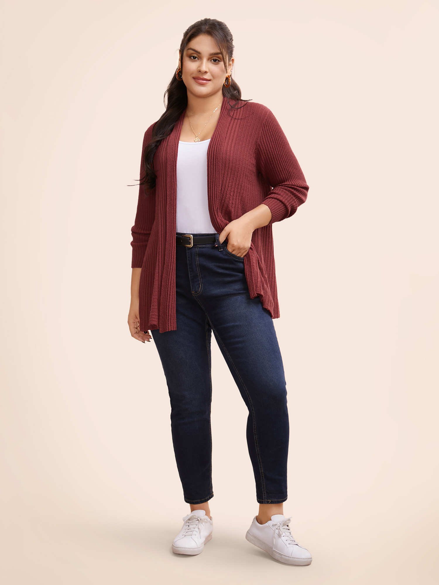 

Plus Size Solid Textured Kimono Collar Cardigan Russet Women Casual Loose Long Sleeve Everyday Cardigans BloomChic