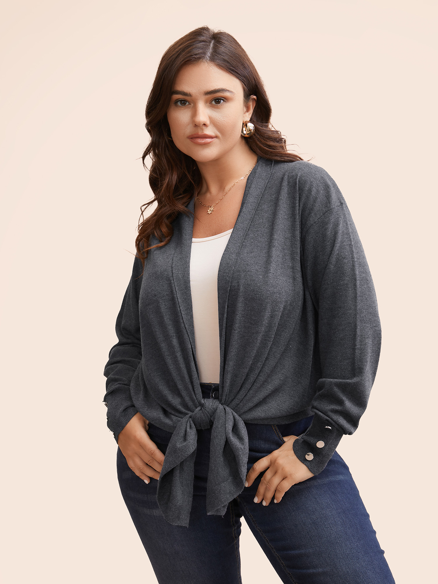 

Plus Size Kimono Collar Button Detail Asymmetrical Hem Cardigan DimGray Women Casual Loose Long Sleeve Everyday Cardigans BloomChic