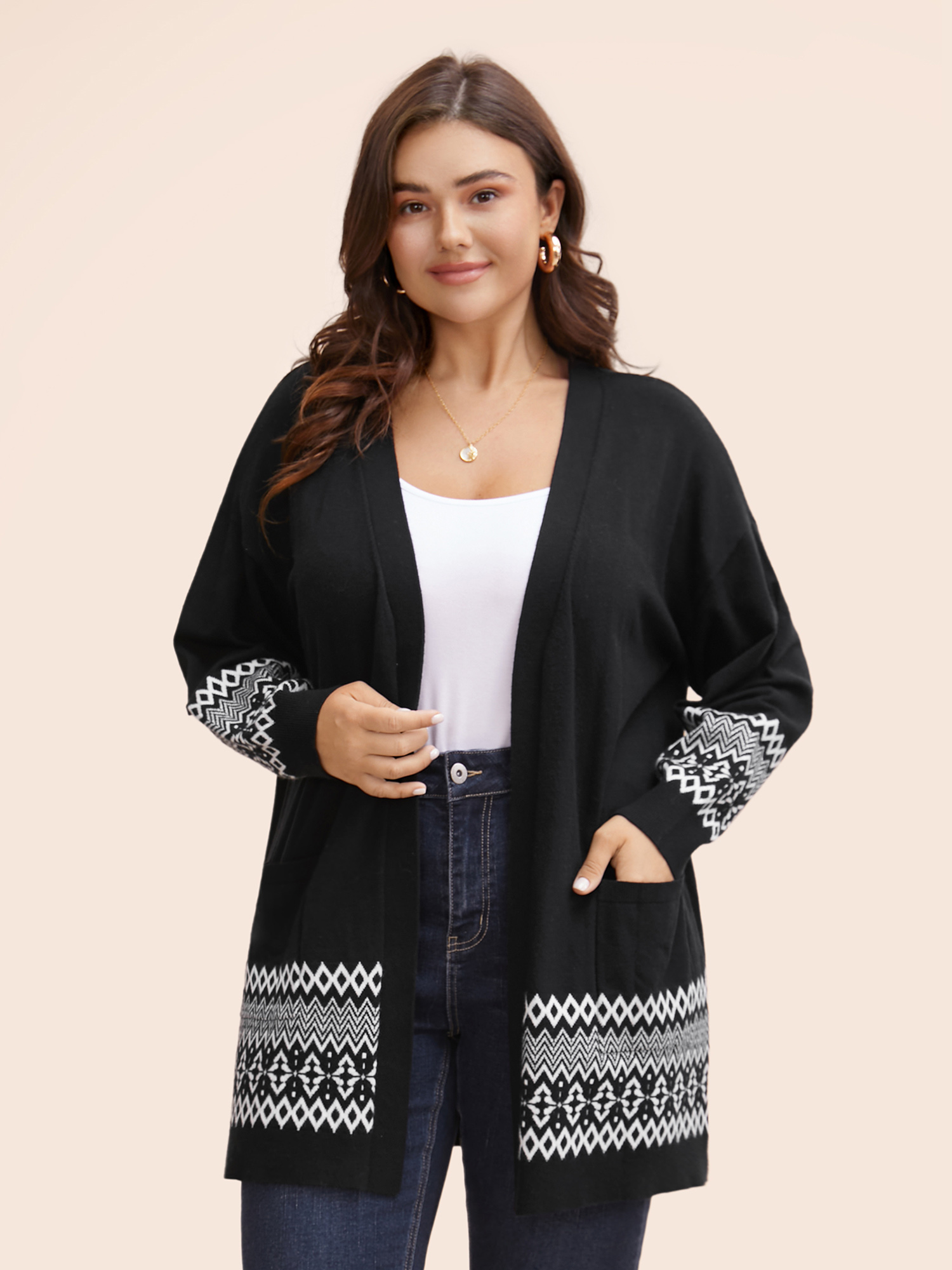 

Plus Size Kimono Collar Bandana Print Pocket Cardigan Black Women Casual Loose Long Sleeve Everyday Cardigans BloomChic