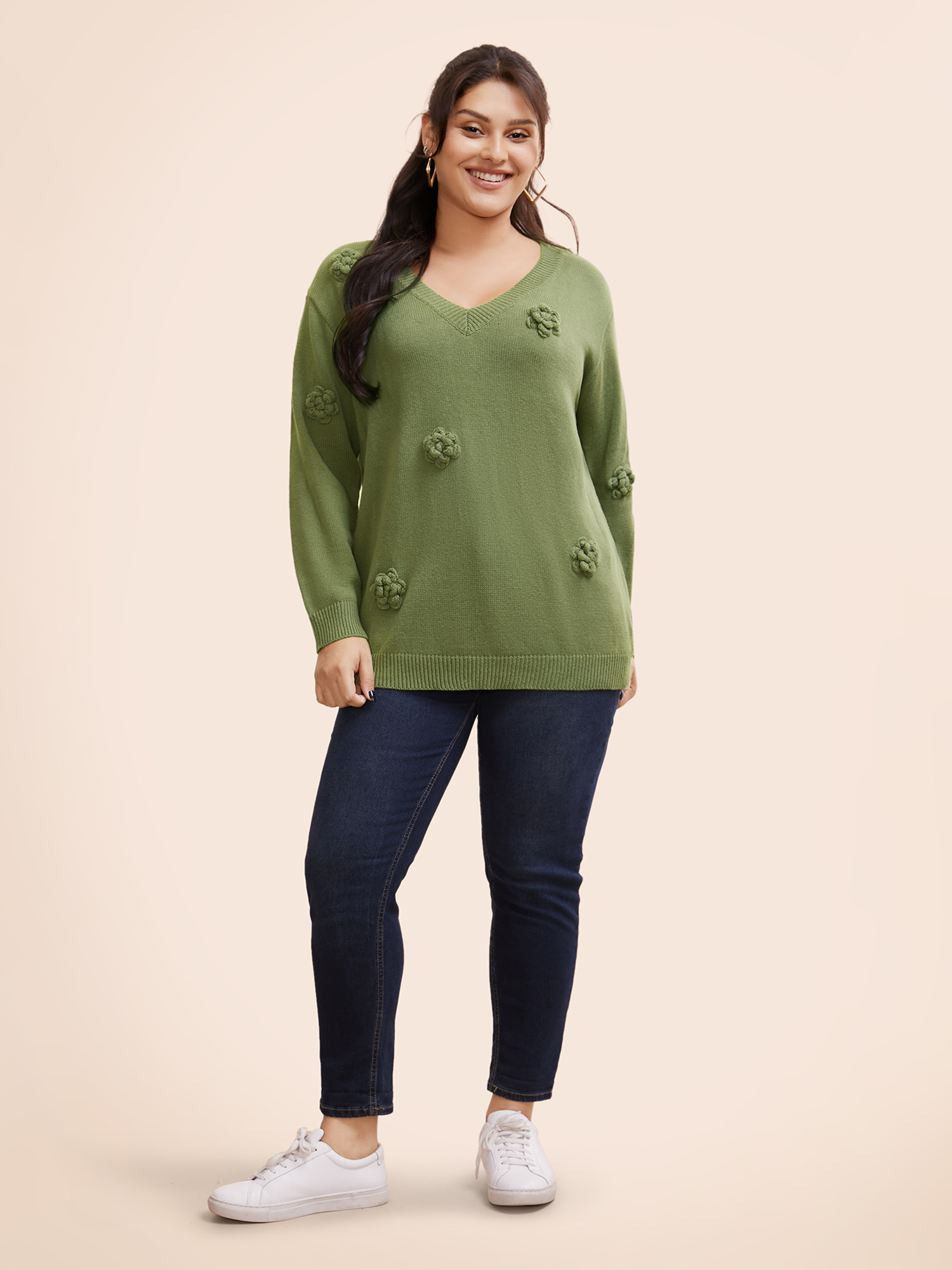 

Plus Size V Neck Stereo Flower Design Pullover Moss Women Casual Long Sleeve V-neck Everyday Pullovers BloomChic