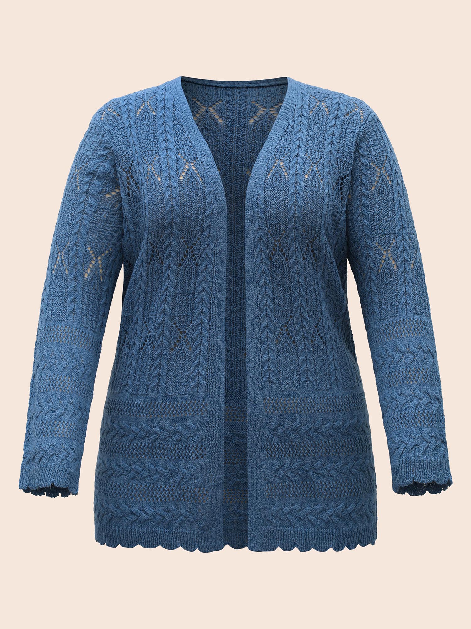 

Plus Size Solid Scalloped Trim Cable Knit Cardigan Aegean Women Casual Loose Long Sleeve Everyday Cardigans BloomChic