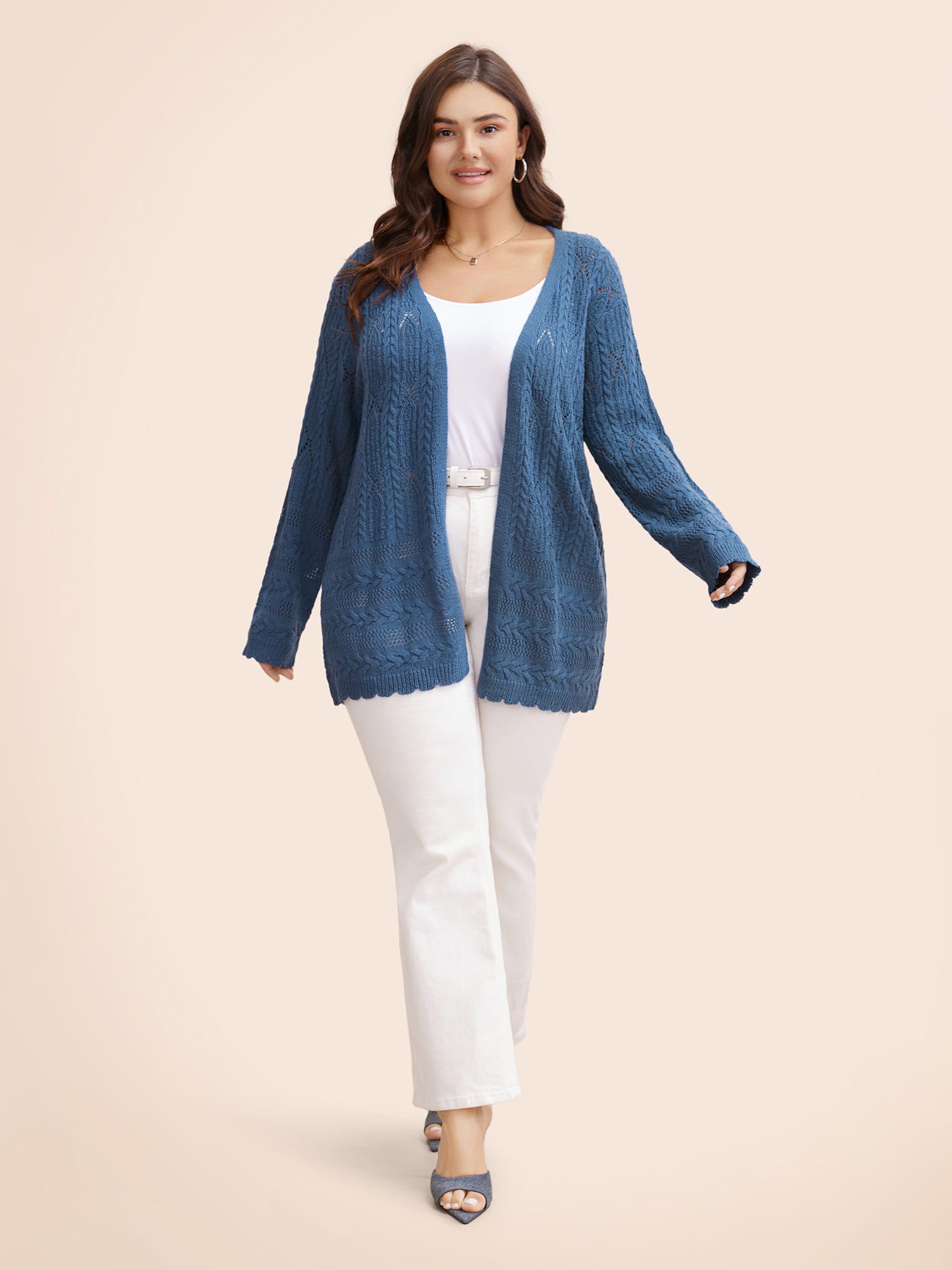 

Plus Size Solid Scalloped Trim Cable Knit Cardigan Aegean Women Casual Loose Long Sleeve Everyday Cardigans BloomChic