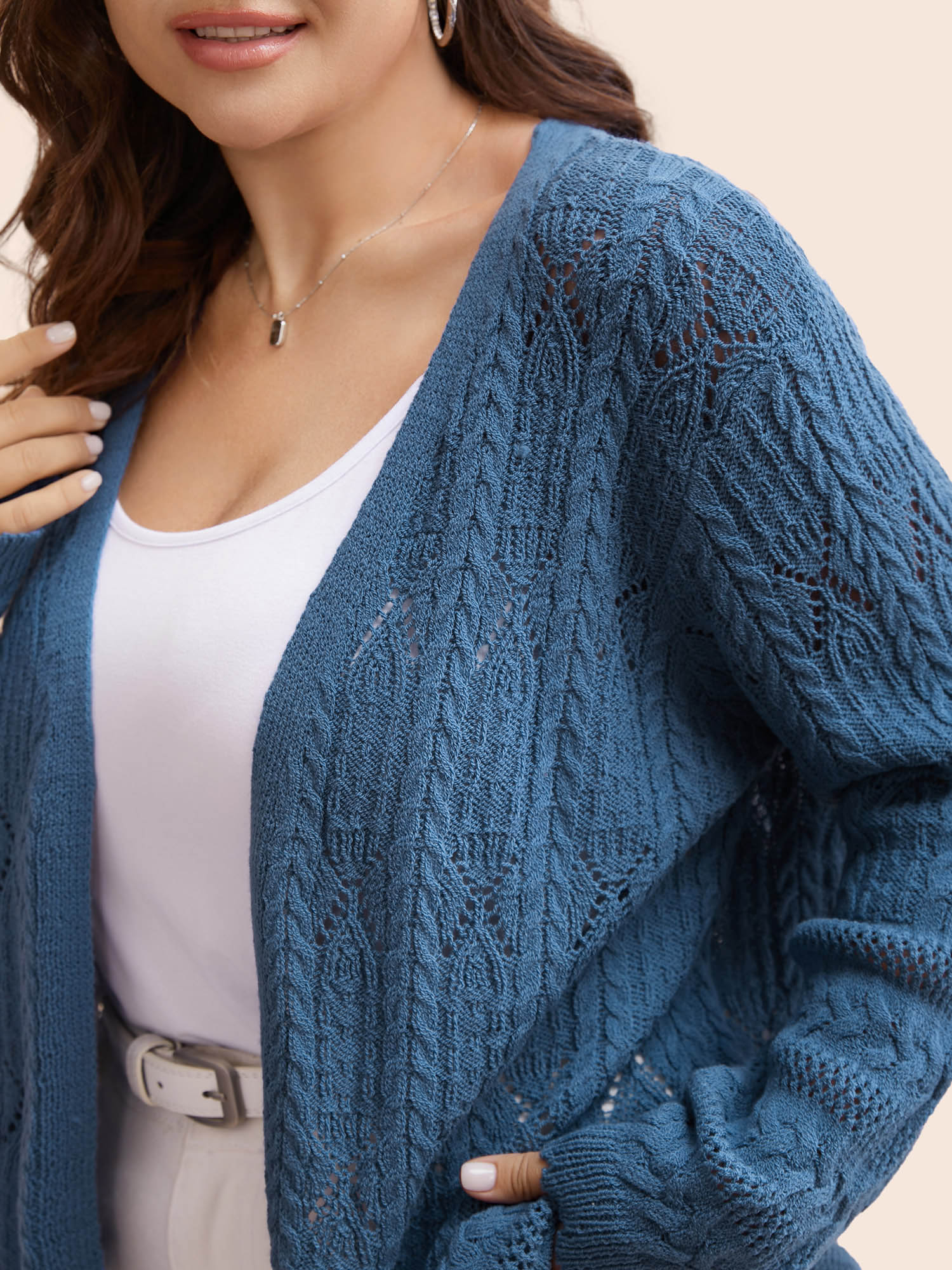 Plus Size Solid Scalloped Trim Cable Knit Cardigan Aegean Women Casual Loose Long Sleeve Everyday Cardigans BloomChic 18-20/2X 