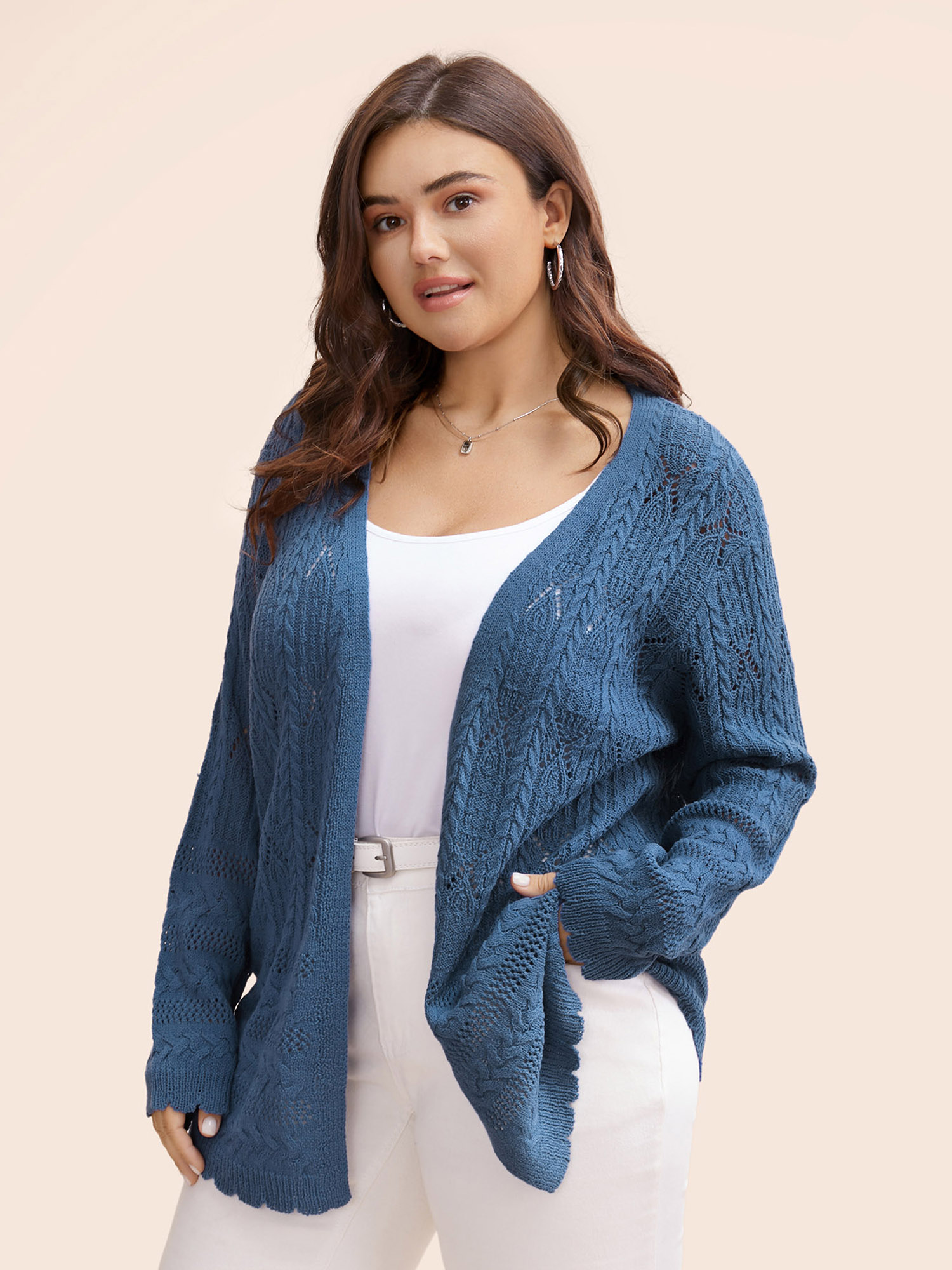Plus Size Solid Scalloped Trim Cable Knit Cardigan Aegean Women Casual Loose Long Sleeve Everyday Cardigans BloomChic 18-20/2X 