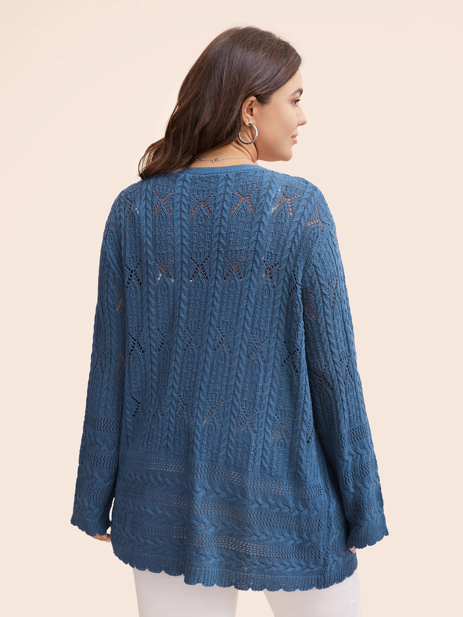 Plus Size Solid Scalloped Trim Cable Knit Cardigan Aegean Women Casual Loose Long Sleeve Everyday Cardigans BloomChic 18-20/2X 