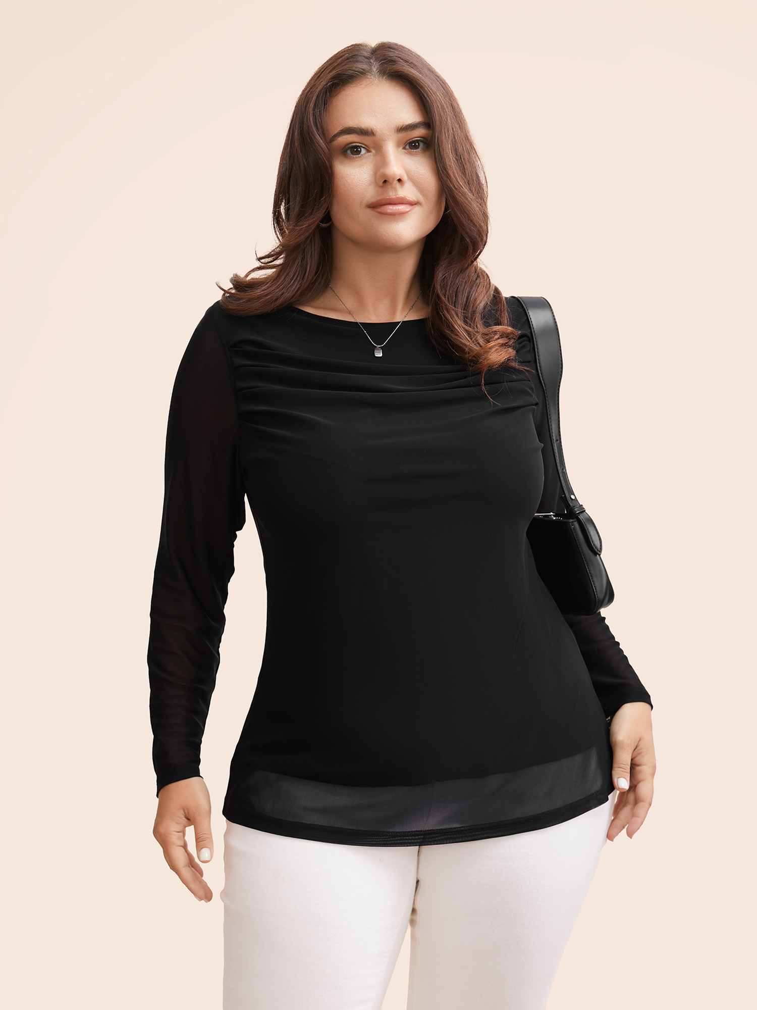 

Plus Size Pleated Slim-Fit Mesh T-shirt Black Women At the Office See through Non Bodycon Work T-shirts BloomChic