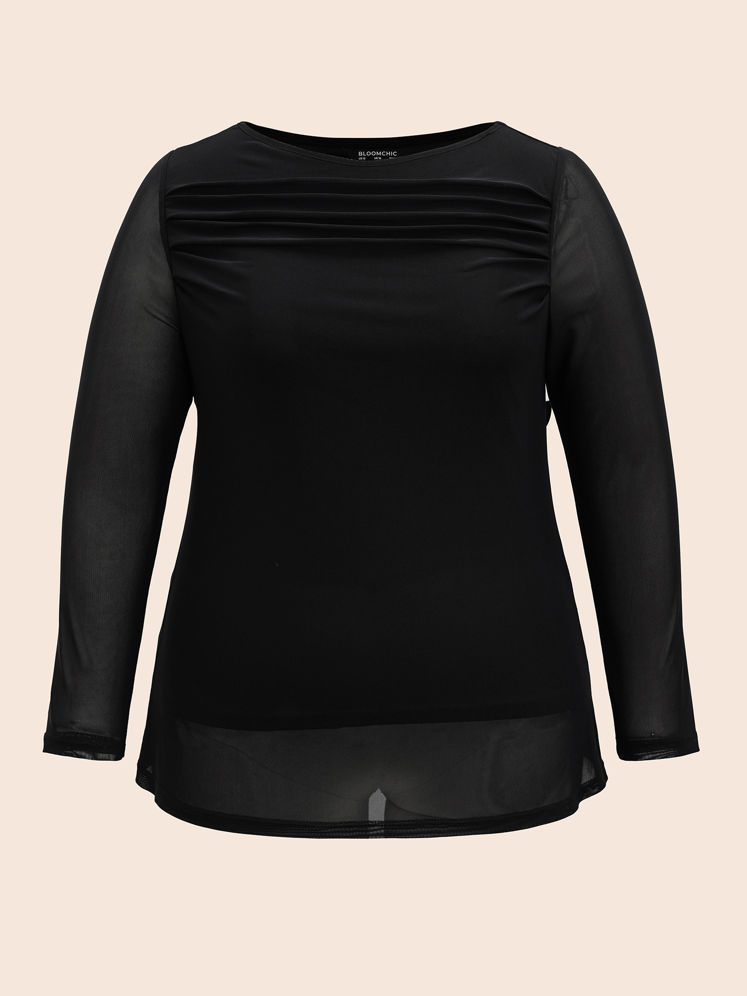 

Plus Size Pleated Slim-Fit Mesh T-shirt Black Non Sleeveless At the Office Jersey Tops