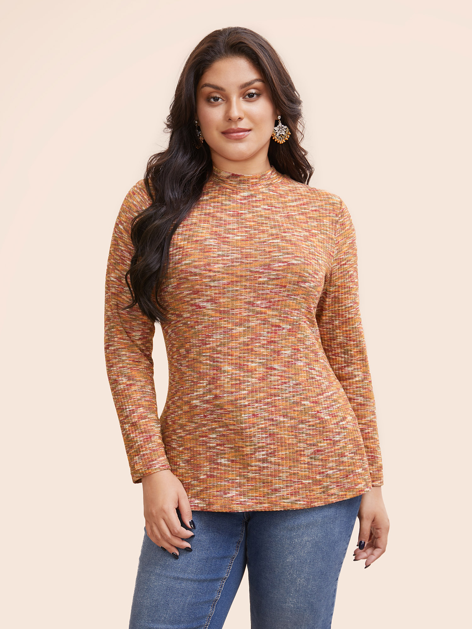 

Plus Size Mock Neck Textured Heather T-shirt OrangeRed Women Casual Texture Mock Neck Bodycon Everyday T-shirts BloomChic