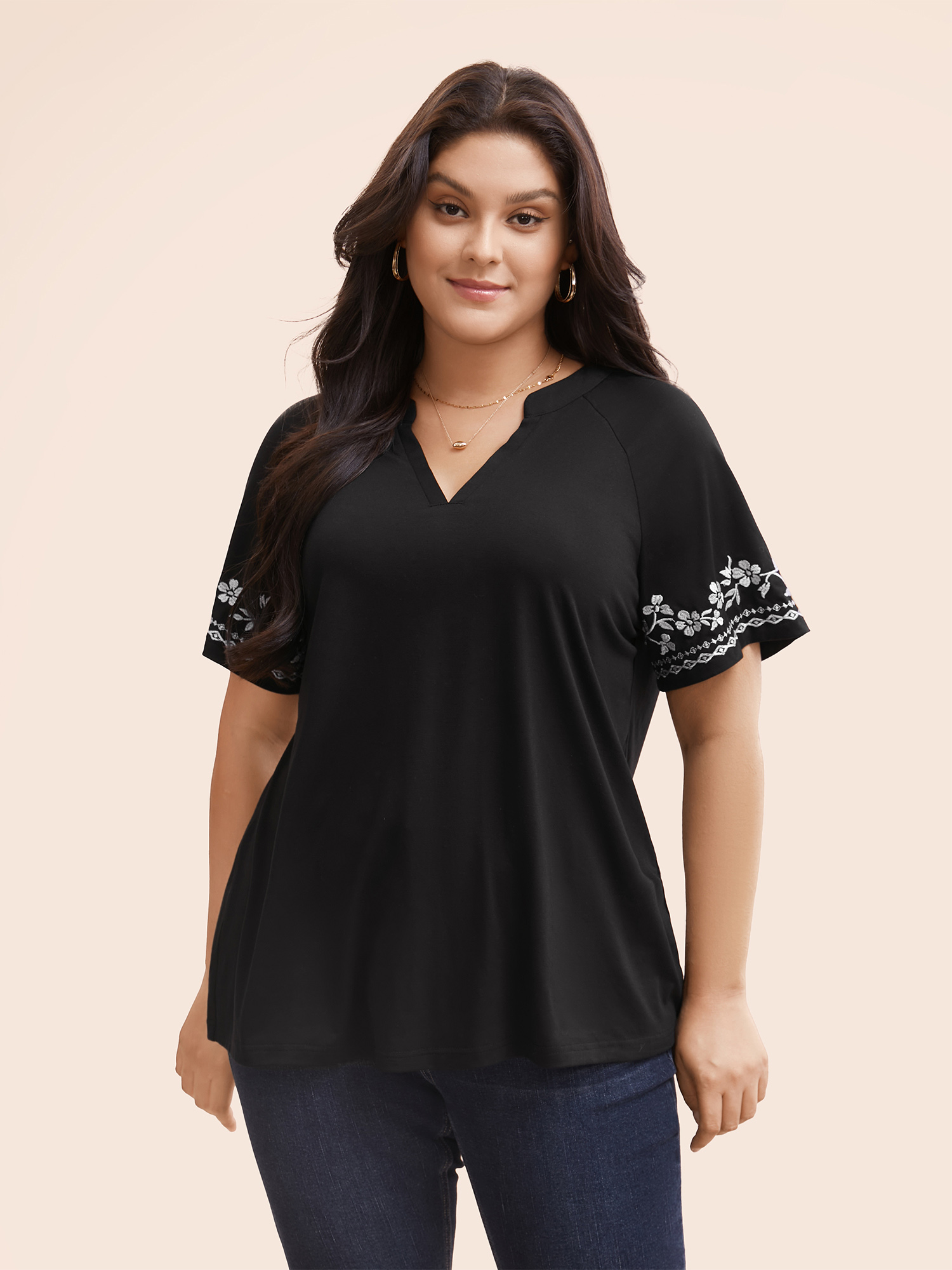 

Floral Embroidered Notched Ruffle Sleeve T-shirt, Black