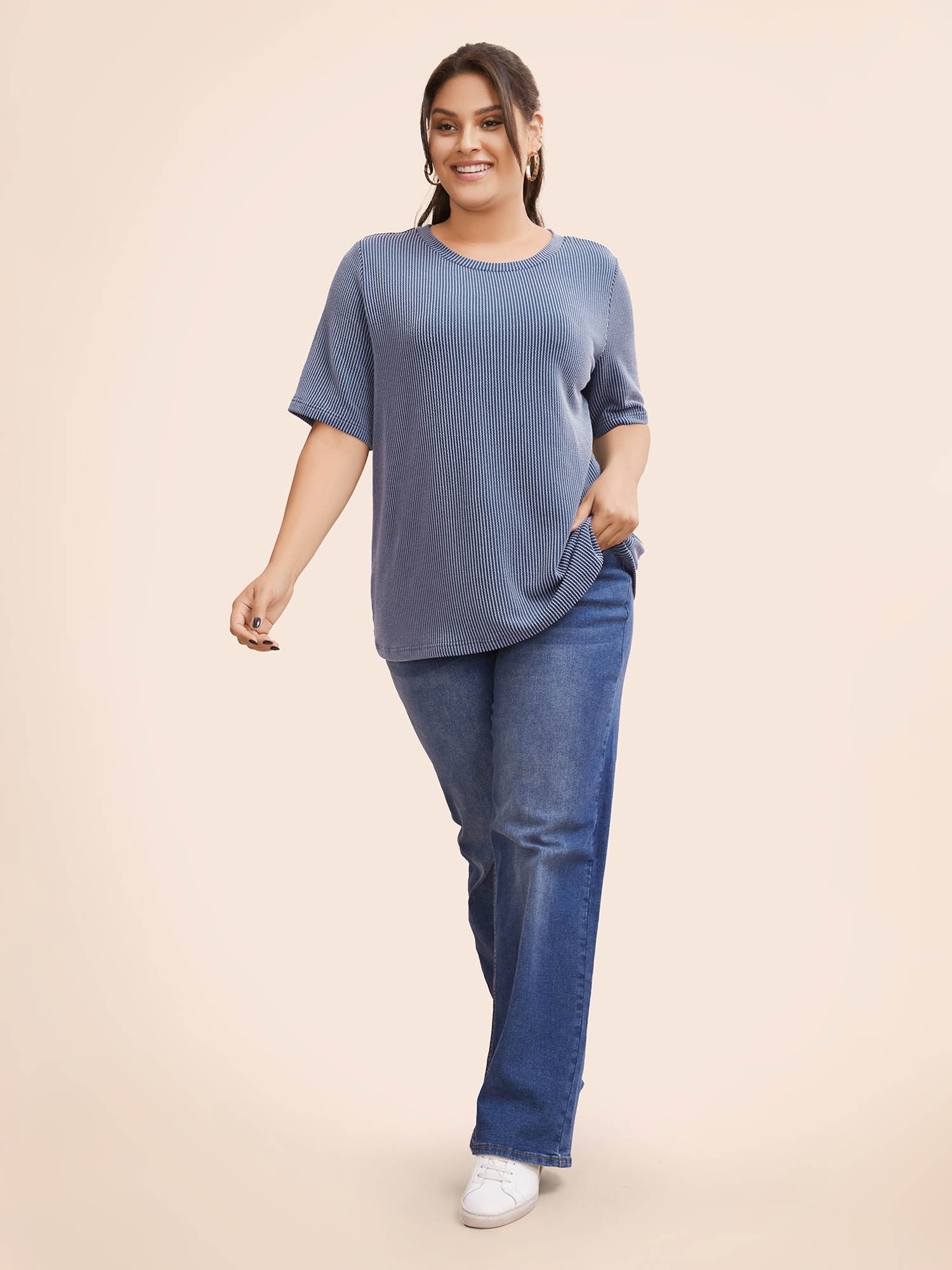 

Plus Size Round Neck Plain Textured Knit T-shirt DarkBlue Women Casual Texture Round Neck Everyday T-shirts BloomChic