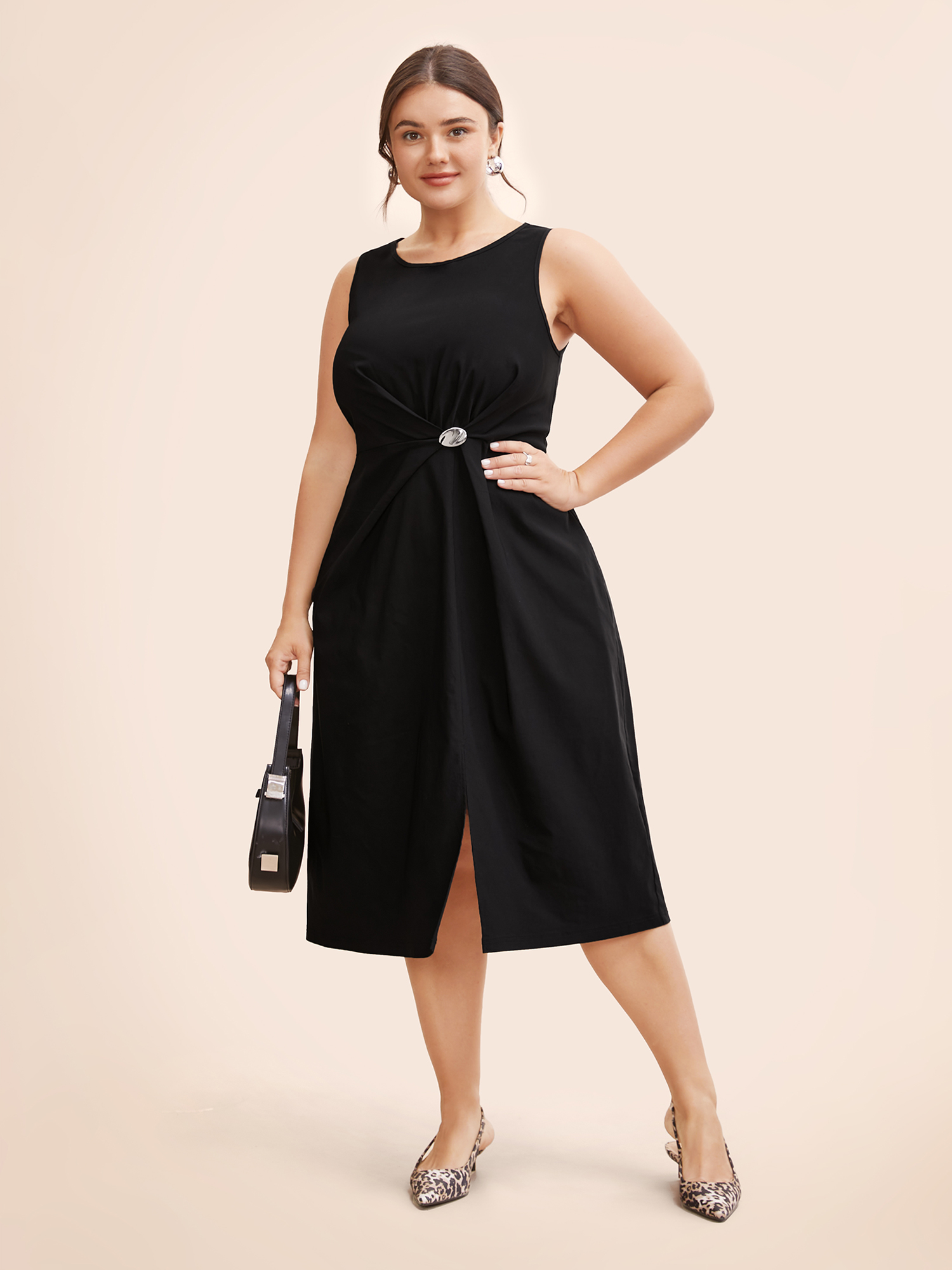 

Plus Size Stretch Woven Side Slit Midi Dress Black Women At the Office Twist Round Neck Sleeveless Curvy BloomChic