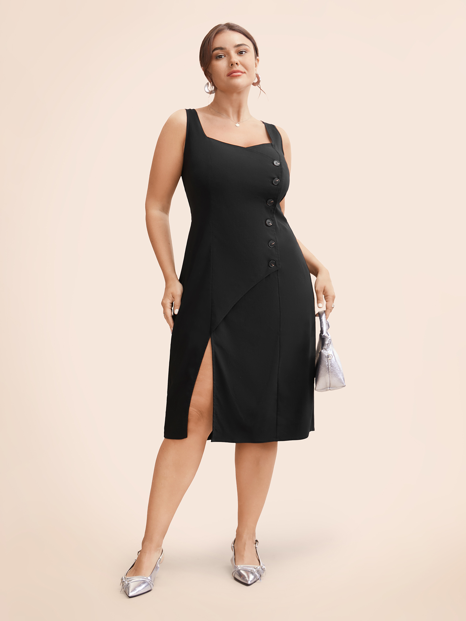 

Plus Size Stretch Woven Cut-Out Midi Dress Black Women At the Office Button Heart neckline Sleeveless Curvy BloomChic