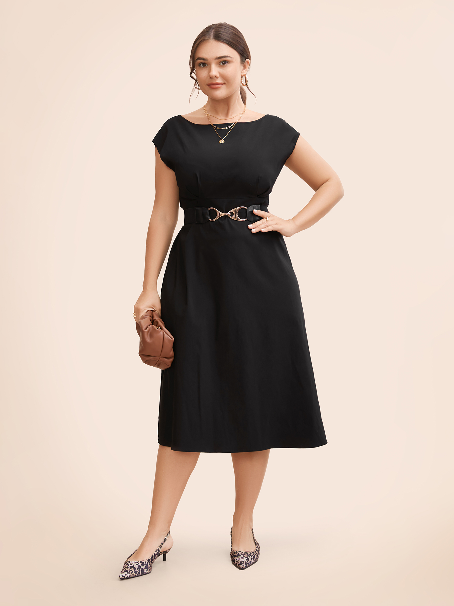 

Plus Size Stretch Woven Cowl Neckline Midi Dress Black Women Workwear Essentials Pleated Boat Neck Cap Sleeve Curvy BloomChic