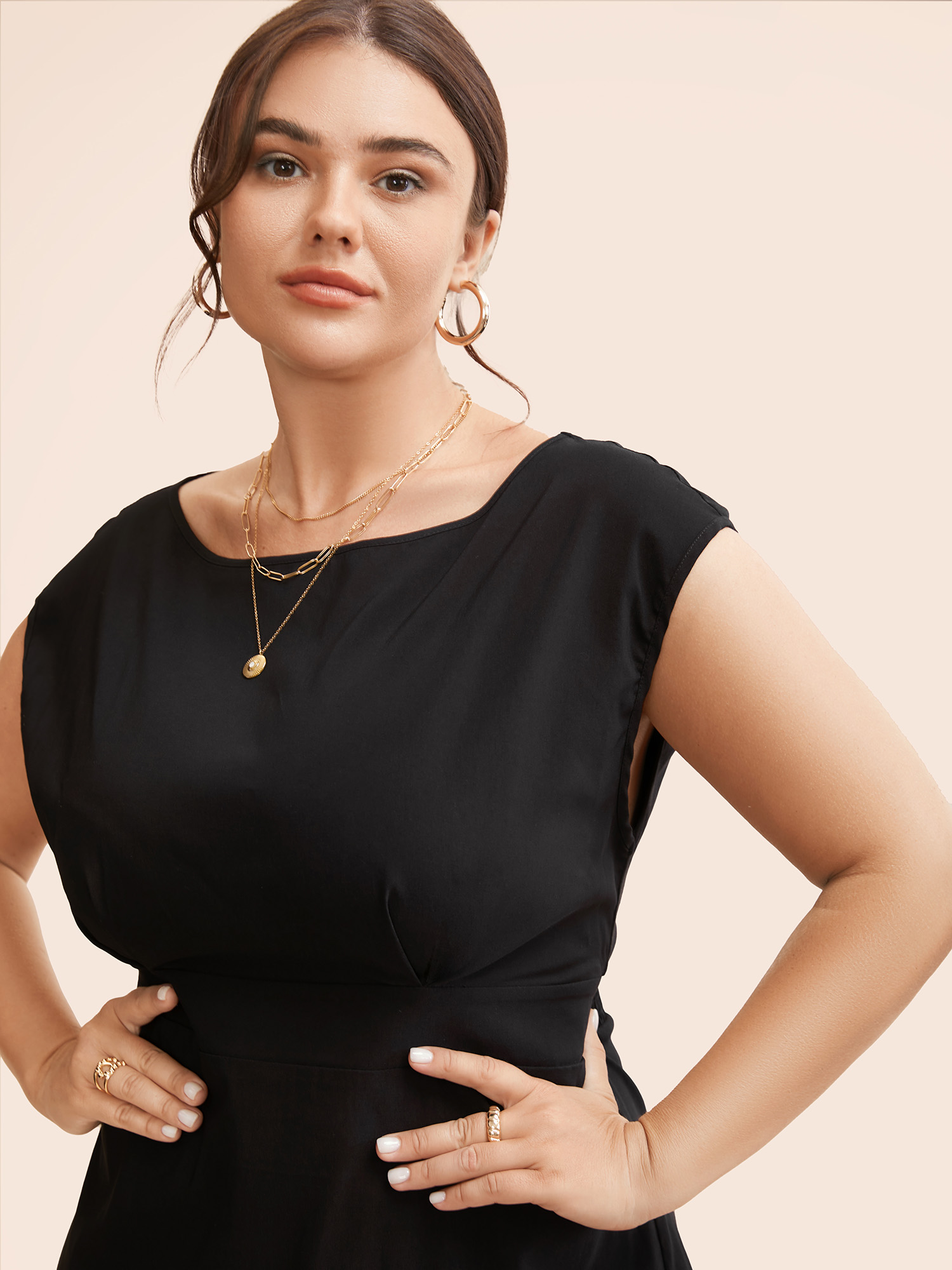 Plus Size Stretch Woven Cowl Neckline Midi Dress Black Women Workwear Essentials Pleated Boat Neck Cap Sleeve Curvy BloomChic 28/5X 