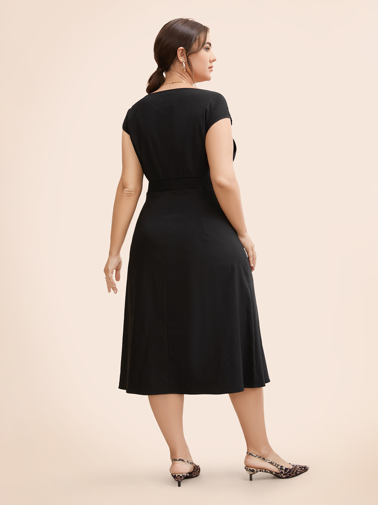 Plus Size Stretch Woven Cowl Neckline Midi Dress Black Women Workwear Essentials Pleated Boat Neck Cap Sleeve Curvy BloomChic 28/5X 