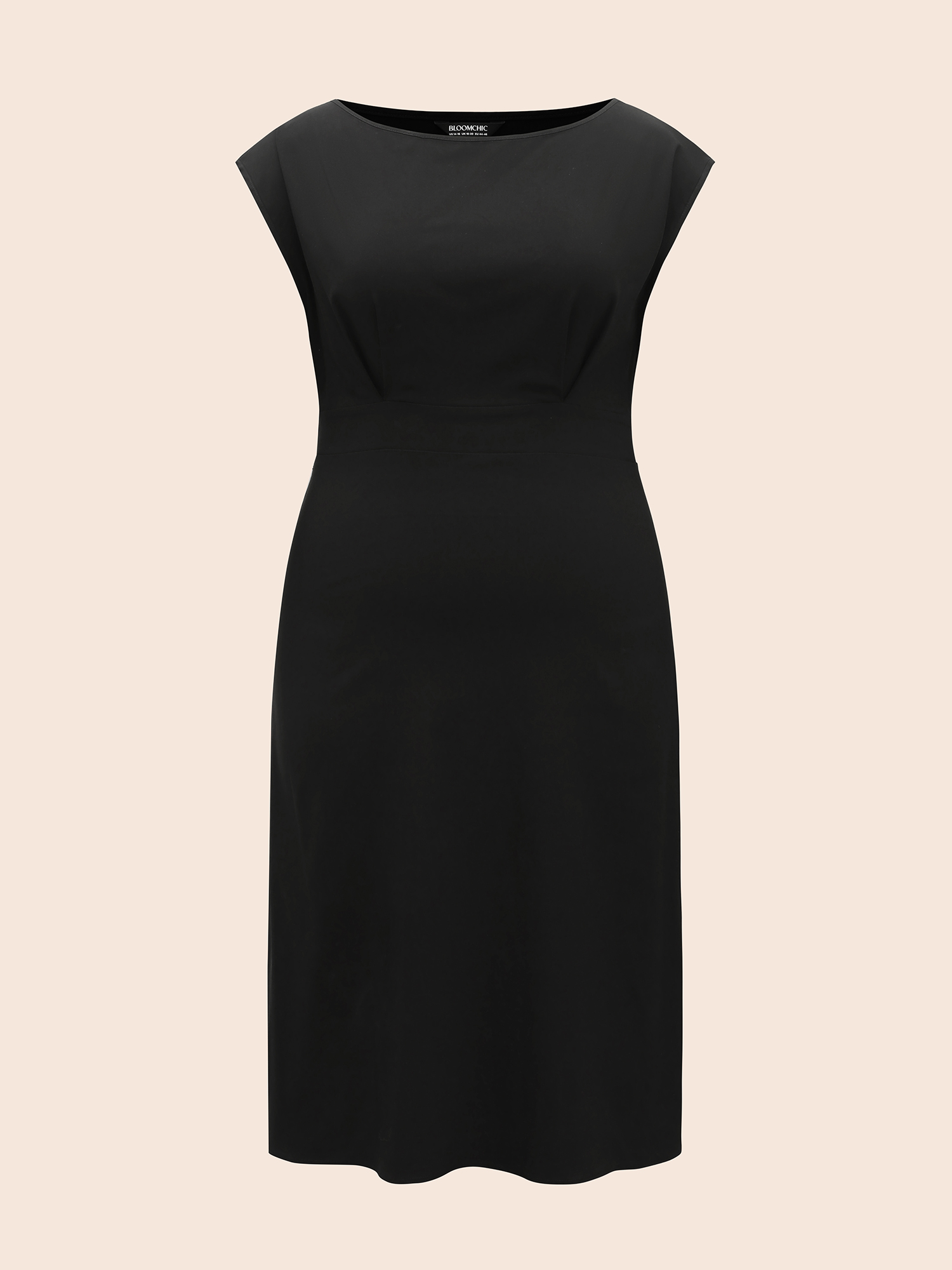 Plus Size Stretch Woven Cowl Neckline Midi Dress Black Women Workwear Essentials Pleated Boat Neck Cap Sleeve Curvy BloomChic 28/5X 