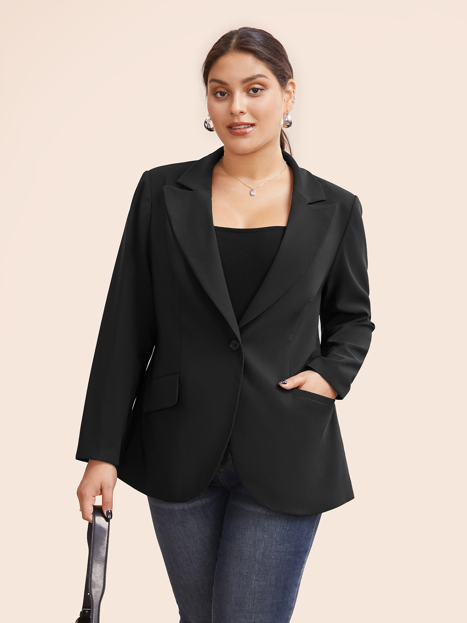 

Plus Size Stretch Woven Pocket Slim-Fit Blazer Black Women Work Button Sleeve Extra Long Sleeve Suit Collar  Open pocket with flap At the Office Blazers BloomChic