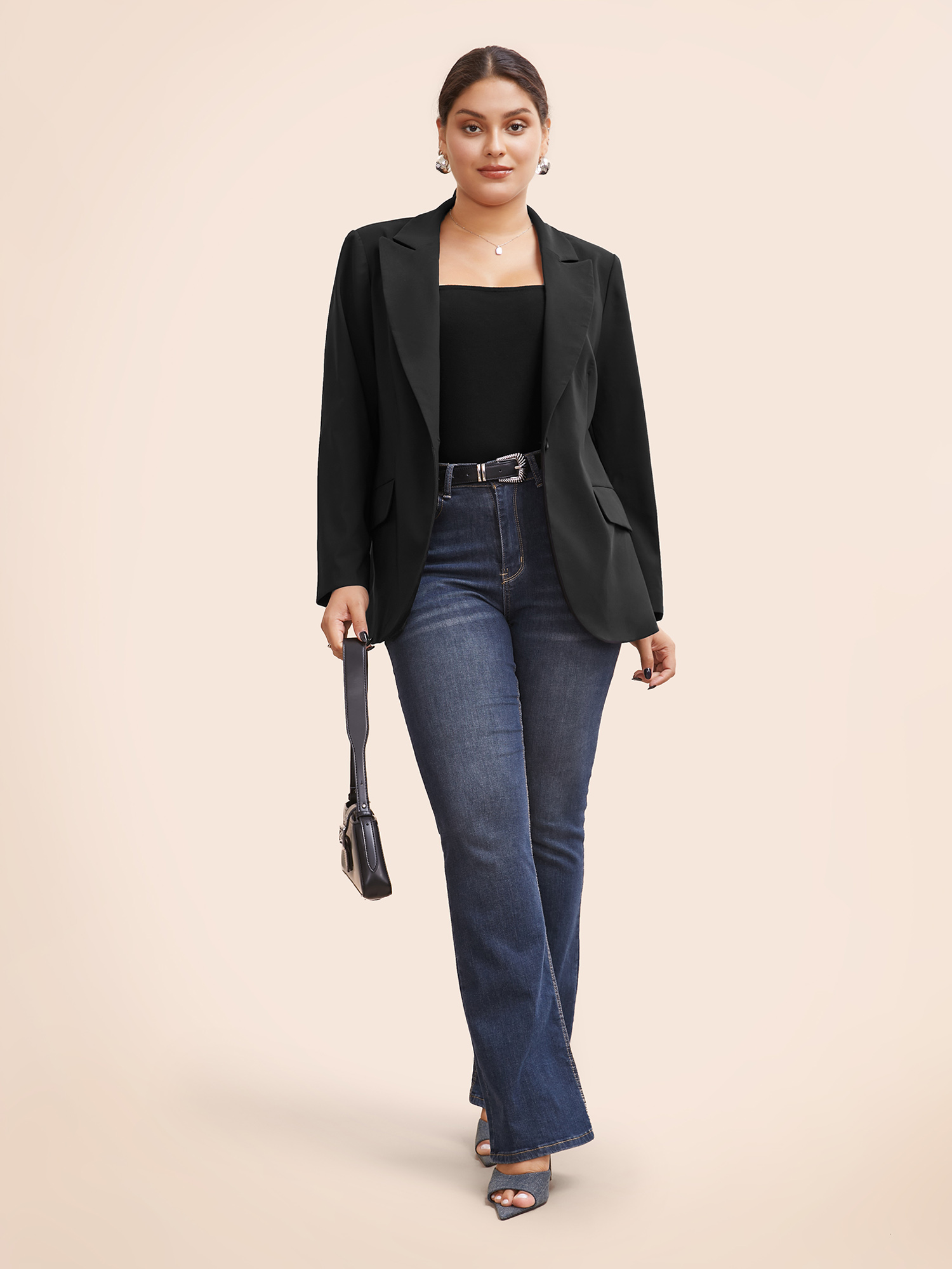 

Plus Size Stretch Woven Pocket Slim-Fit Blazer Black Women Work Button Sleeve Extra Long Sleeve Suit Collar  Open pocket with flap At the Office Blazers BloomChic