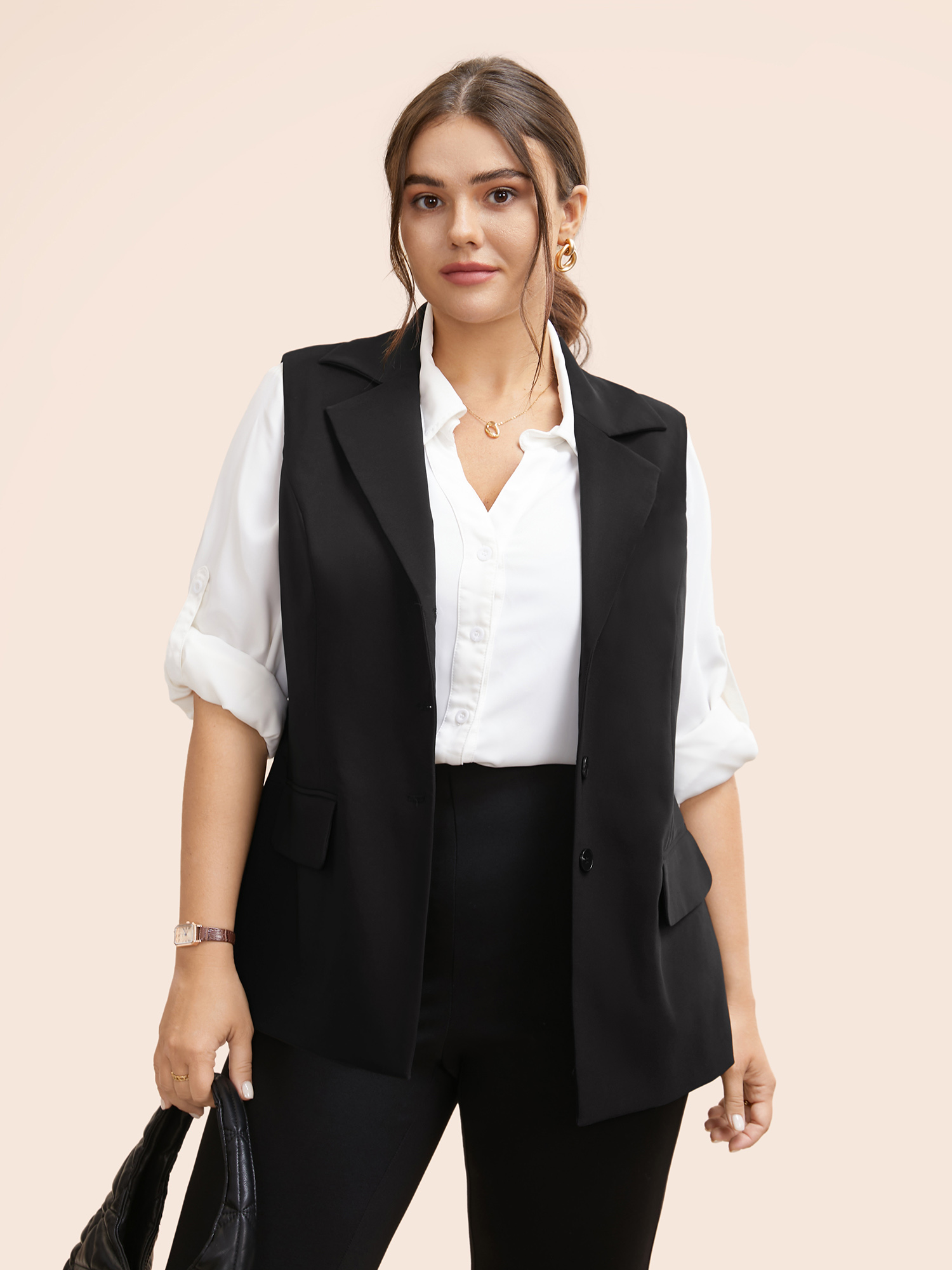 

Plus Size Stretch Woven Princess Seams Slim-Fit Blazer Black Women Work Button Sleeveless Sleeveless Suit Collar  Open pocket with flap At the Office Blazers BloomChic