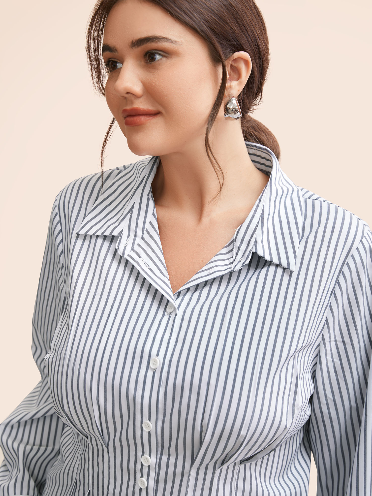 

Plus Size Multicolor Stretch Woven Button Slim Fitted Blouse Women Work From Home Long Sleeve Shirt collar Work Blouses BloomChic