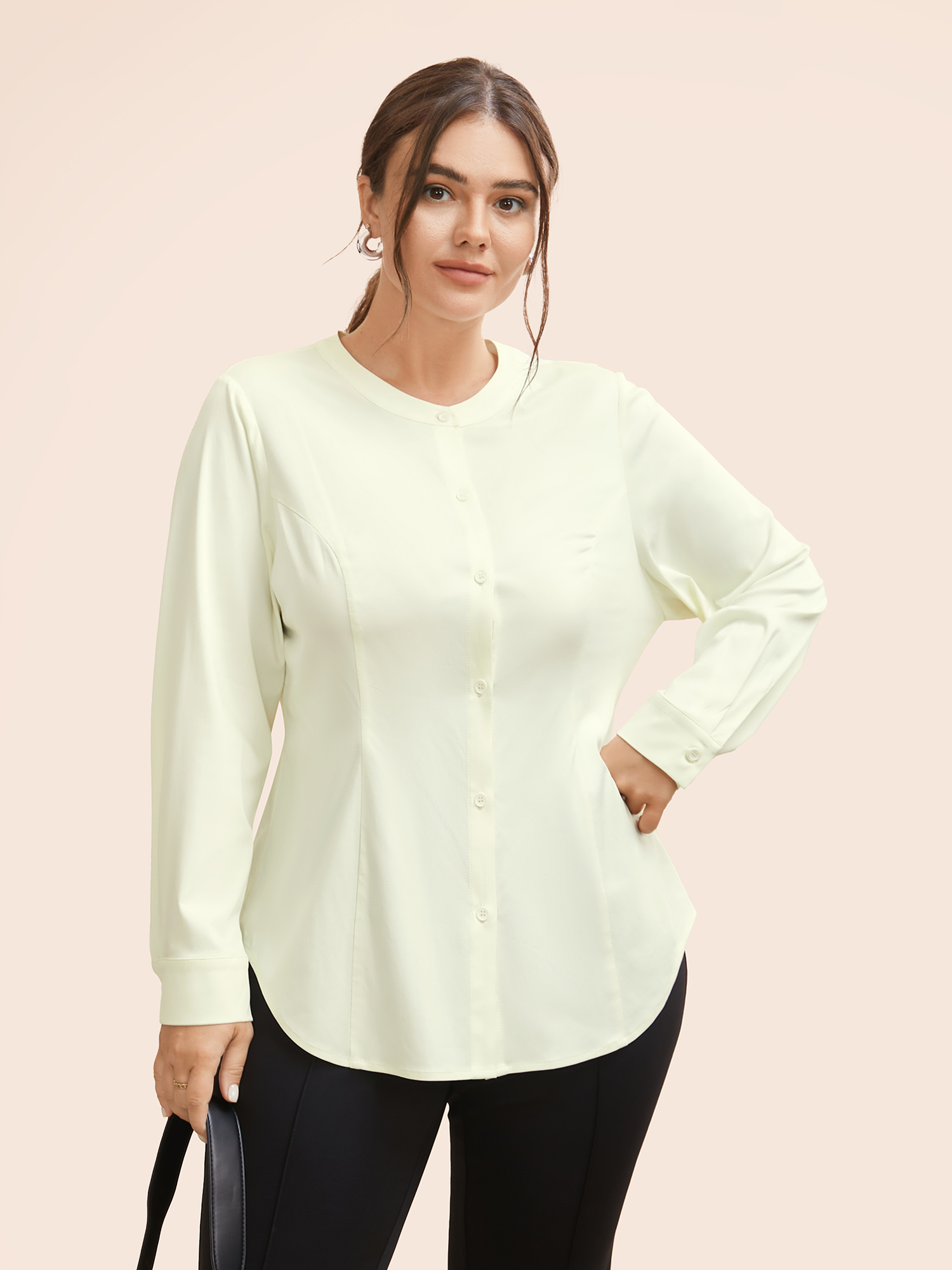 

Plus Size Originalwhite Stretch Woven Button Down Blouse Women At the Office Long Sleeve Round Neck Work Blouses BloomChic