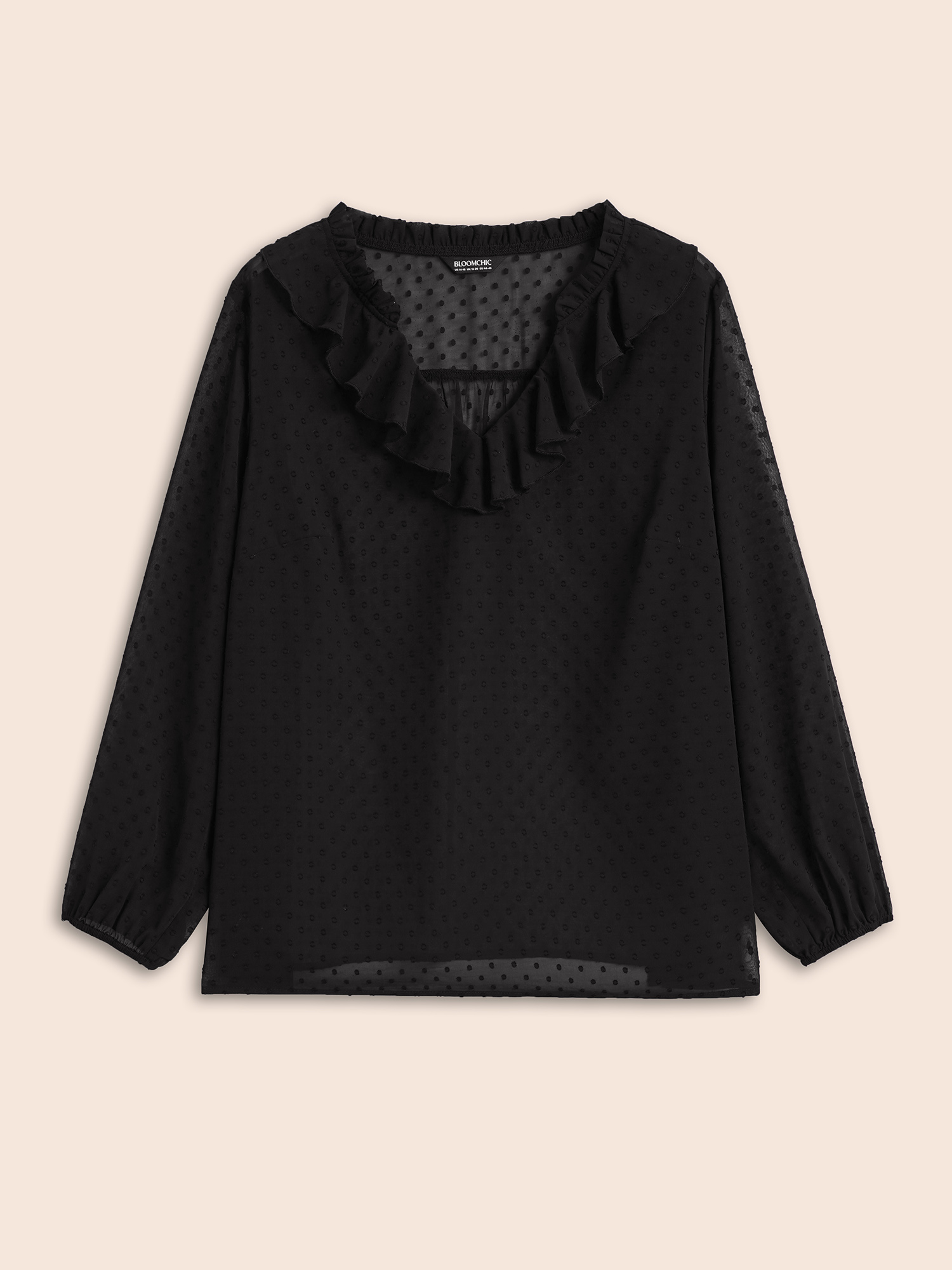 

Plus Size Black Chiffon Textured Ruffle Trim Blouse Women Work From Home Long Sleeve V-neck Work Blouses BloomChic