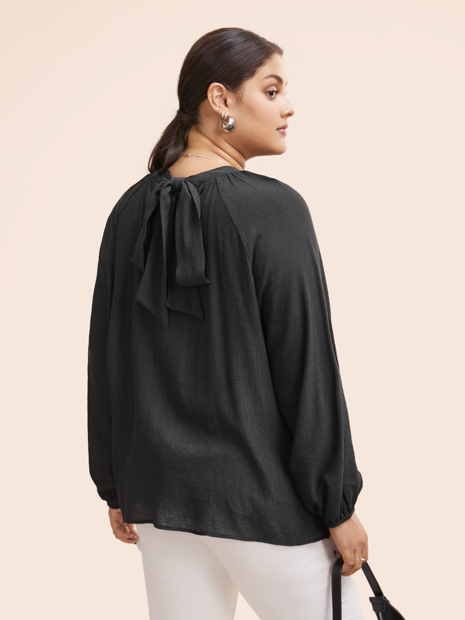 

Plus Size Black Textured Ribbon Collar Blouse Women At the Office Long Sleeve Ribbon-tied collar Work Blouses BloomChic