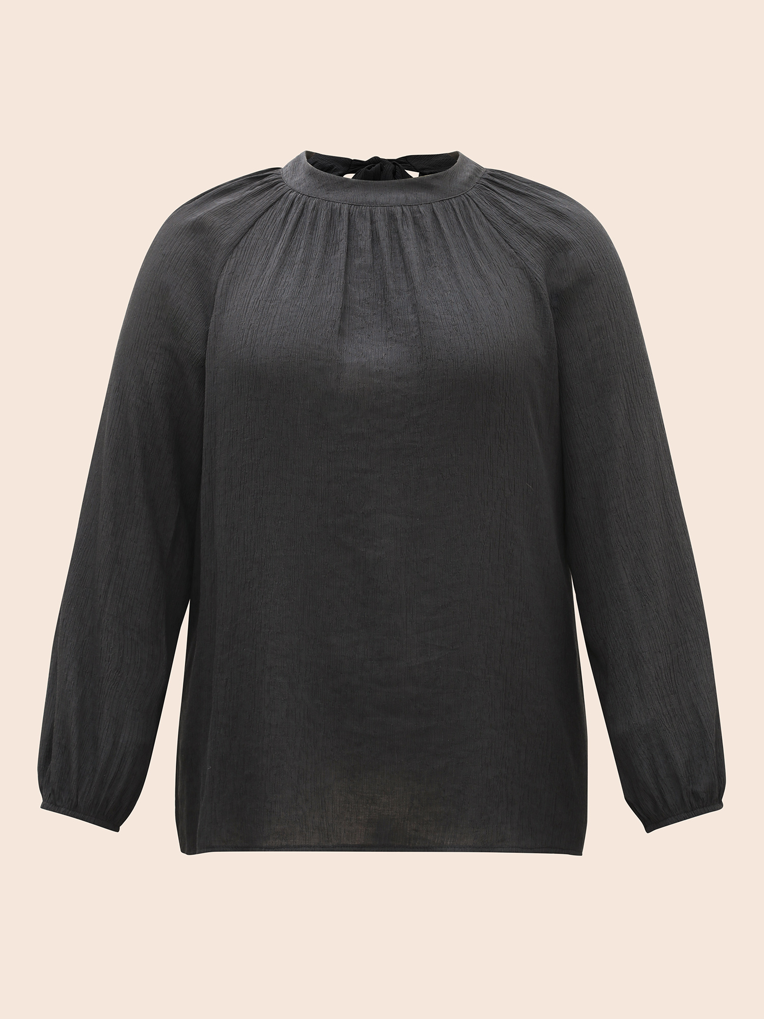 

Plus Size Black Textured Ribbon Collar Blouse Women At the Office Long Sleeve Ribbon-tied collar Work Blouses BloomChic