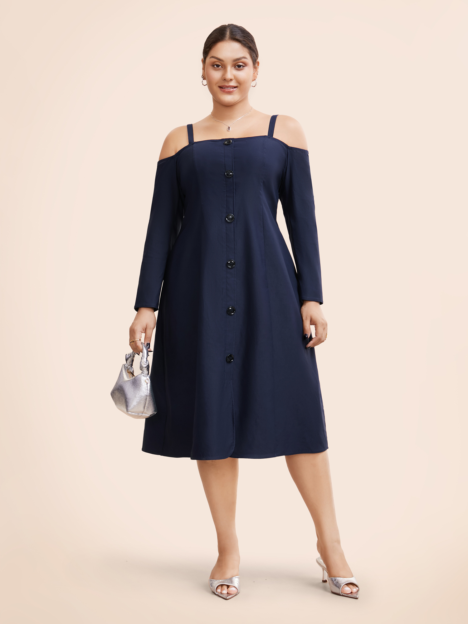 

Plus Size Stretch Woven One-Shoulder Midi Dress DarkBlue Women At the Office Button One-shoulder neck Long Sleeve Curvy BloomChic