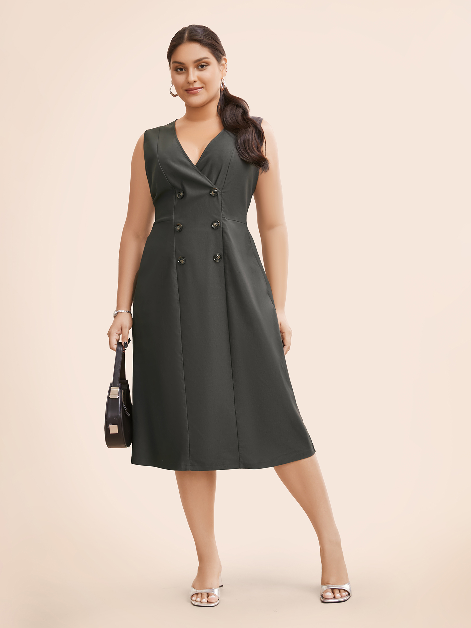 

Plus Size Stretch Woven Double Breasted Wrap Dress DarkGray Women At the Office Button Overlap Collar Sleeveless Curvy BloomChic