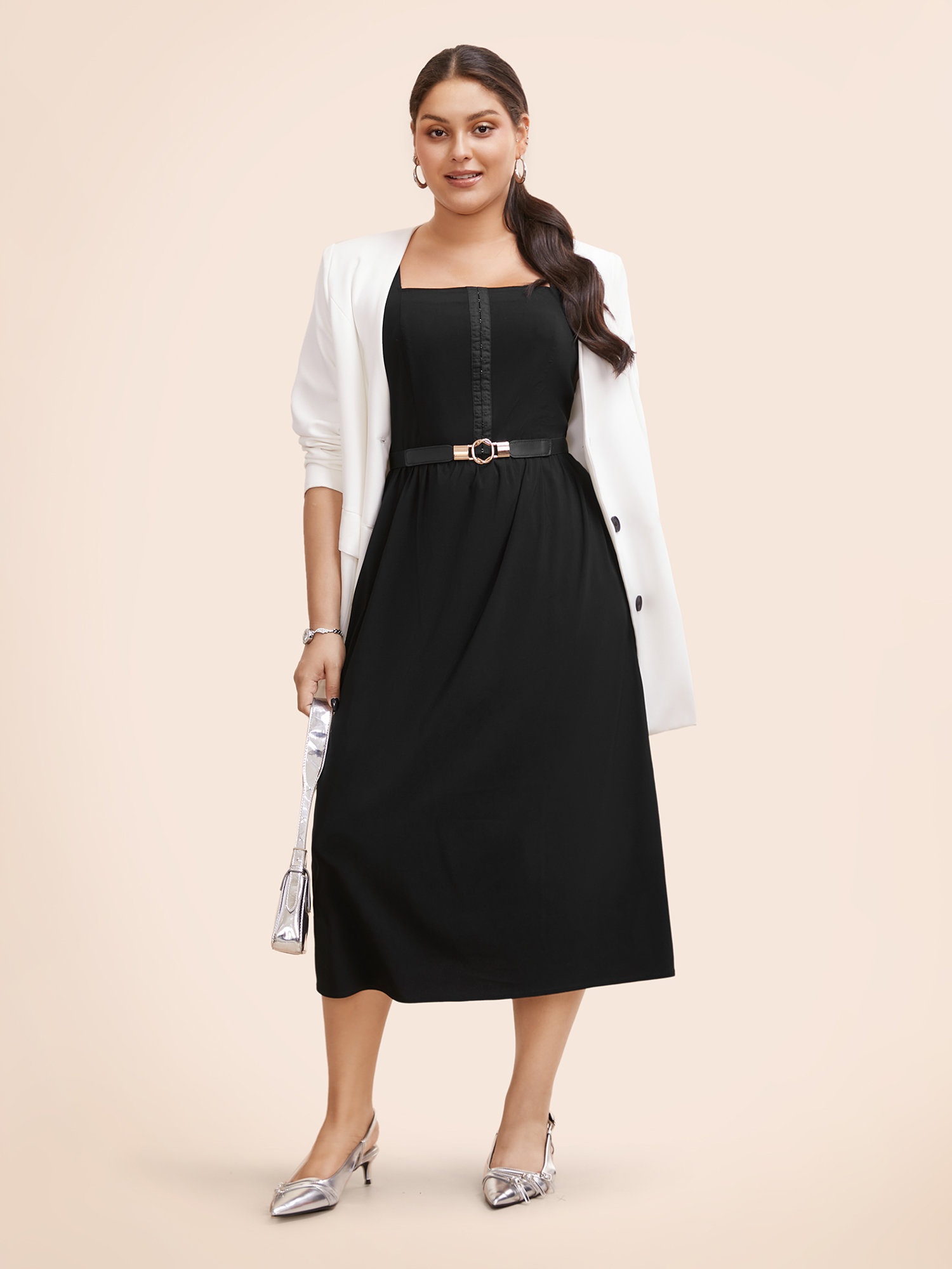 

Plus Size Stretch Woven Vest Flare Midi Dress Black Women At the Office Gathered Square Neck Sleeveless Curvy BloomChic