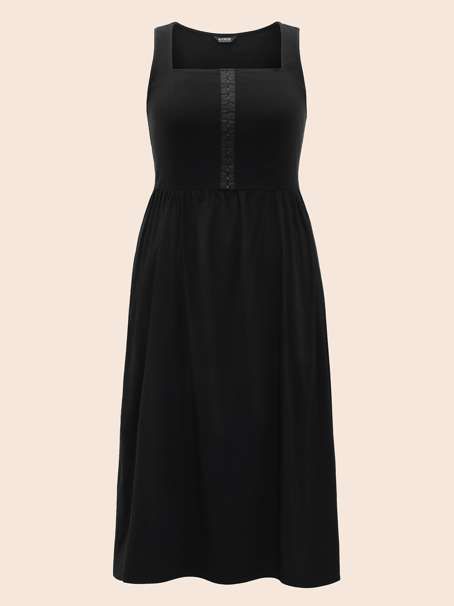 

Plus Size Stretch Woven Pleated Flare Vest Midi Dress Black Women At the Office Gathered Square Neck Sleeveless Curvy BloomChic