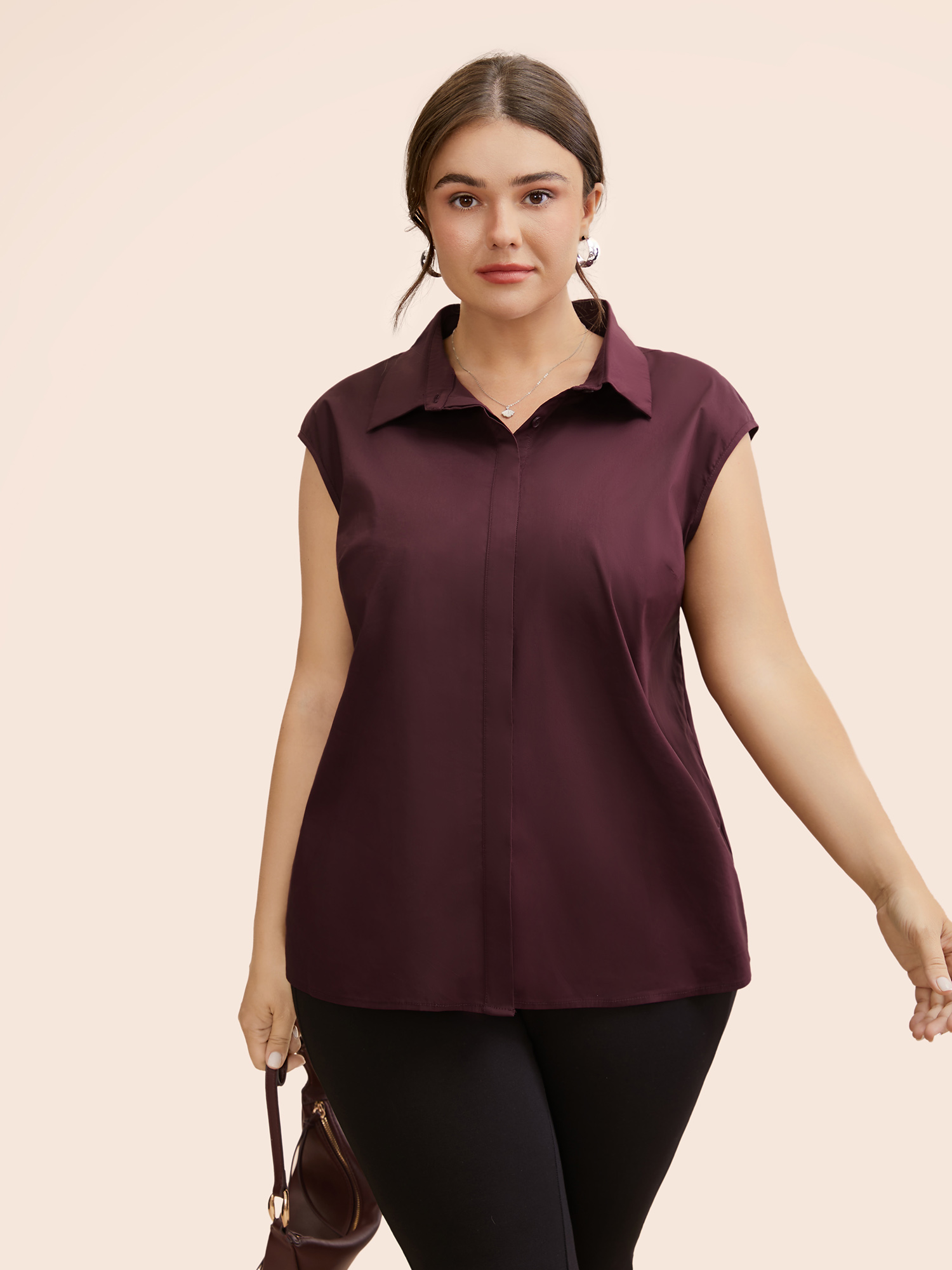 

Plus Size Stretch Woven Princess Seams Offsleeves Blouse Plum Cap Sleeve Shirt collar At the Office Shirts