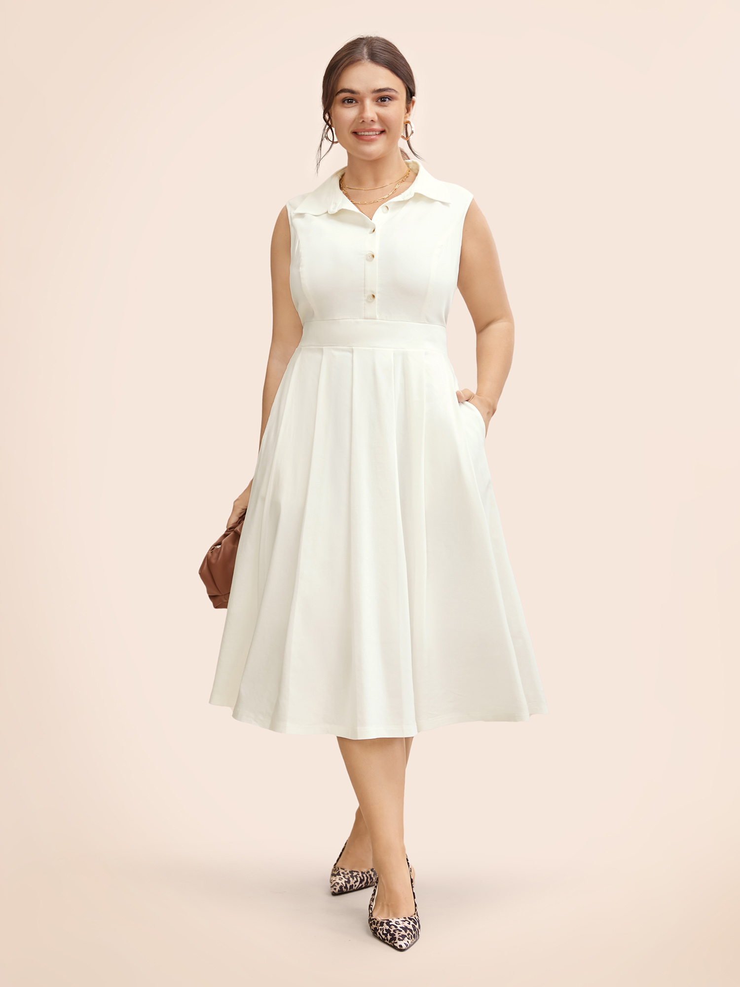 

Plus Size Stretch Woven Midfielder Midi Dress Originalwhite Women Workwear Essentials Pleated Shirt collar Sleeveless Curvy BloomChic