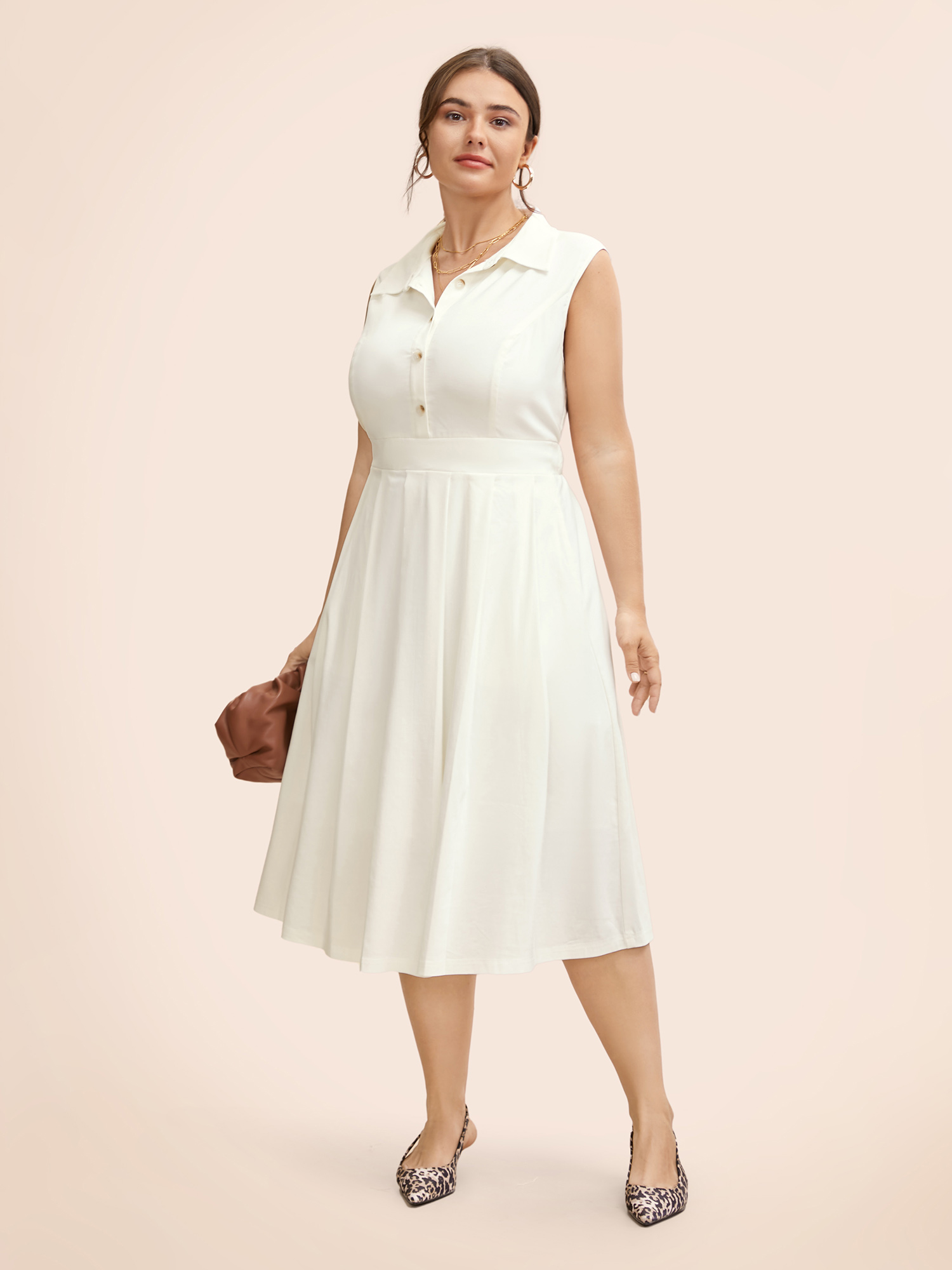 

Plus Size Stretch Woven Midfielder Midi Dress Originalwhite Women Workwear Essentials Pleated Shirt collar Sleeveless Curvy BloomChic