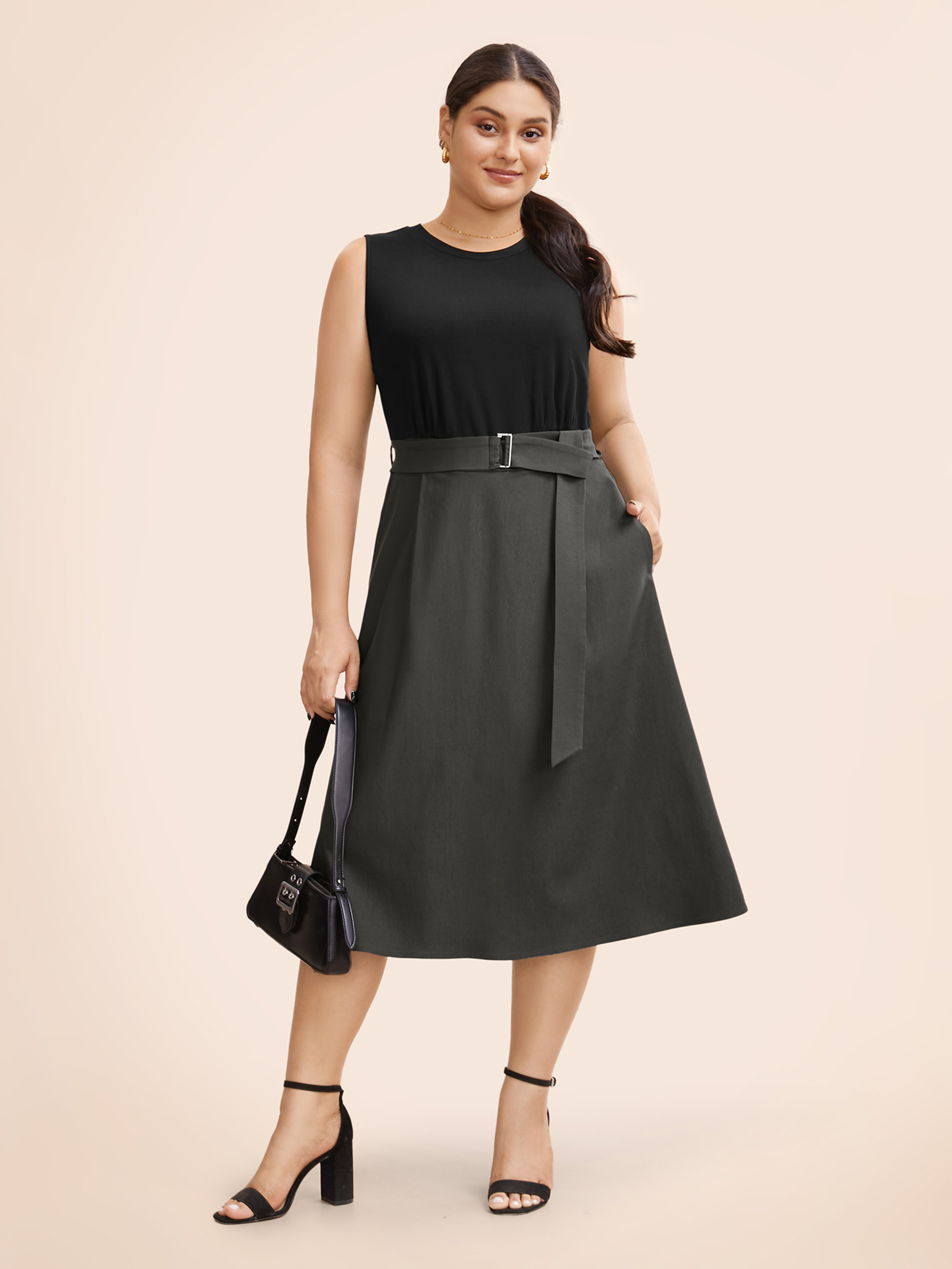 

Plus Size Stretch Woven AB Splicing Midi Dress DarkGray Women At the Office Belted Round Neck Sleeveless Curvy BloomChic