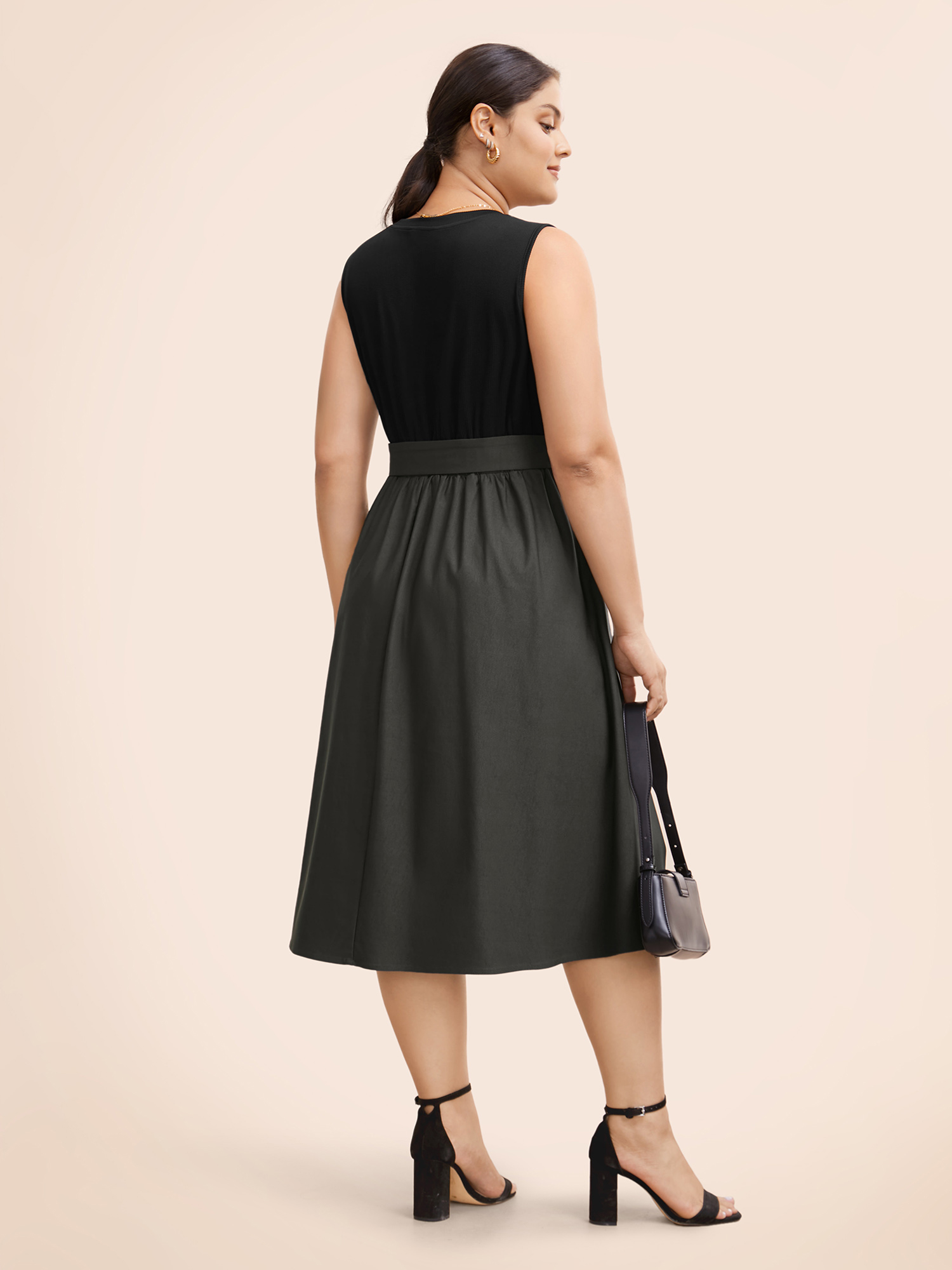 

Plus Size Stretch Woven AB Splicing Midi Dress DarkGray Women At the Office Belted Round Neck Sleeveless Curvy BloomChic