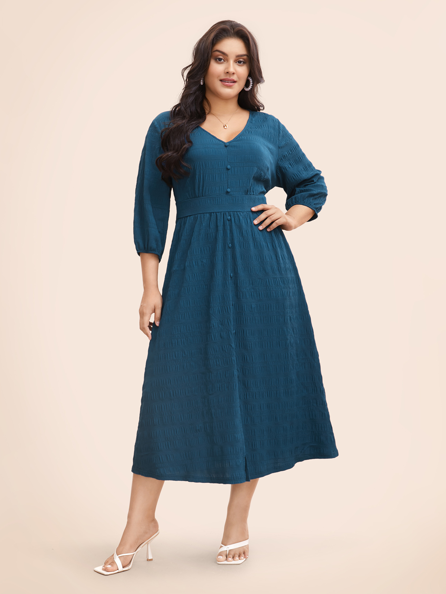 

Plus Size Plain Textured Button Detail Split Hem Dress Aegean Women Elegant Texture V-neck Elbow-length sleeve Curvy BloomChic