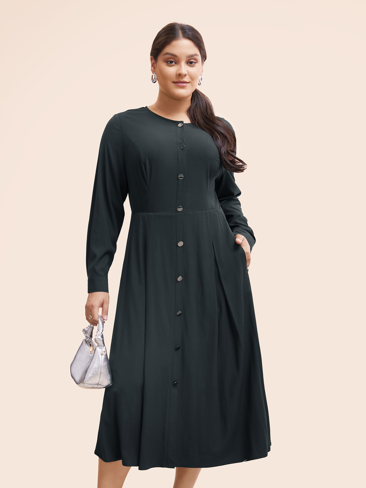 

Plus Size Stretch Woven Button Pleated Midi Dress Black Women At the Office Pleated Round Neck Long Sleeve Curvy BloomChic