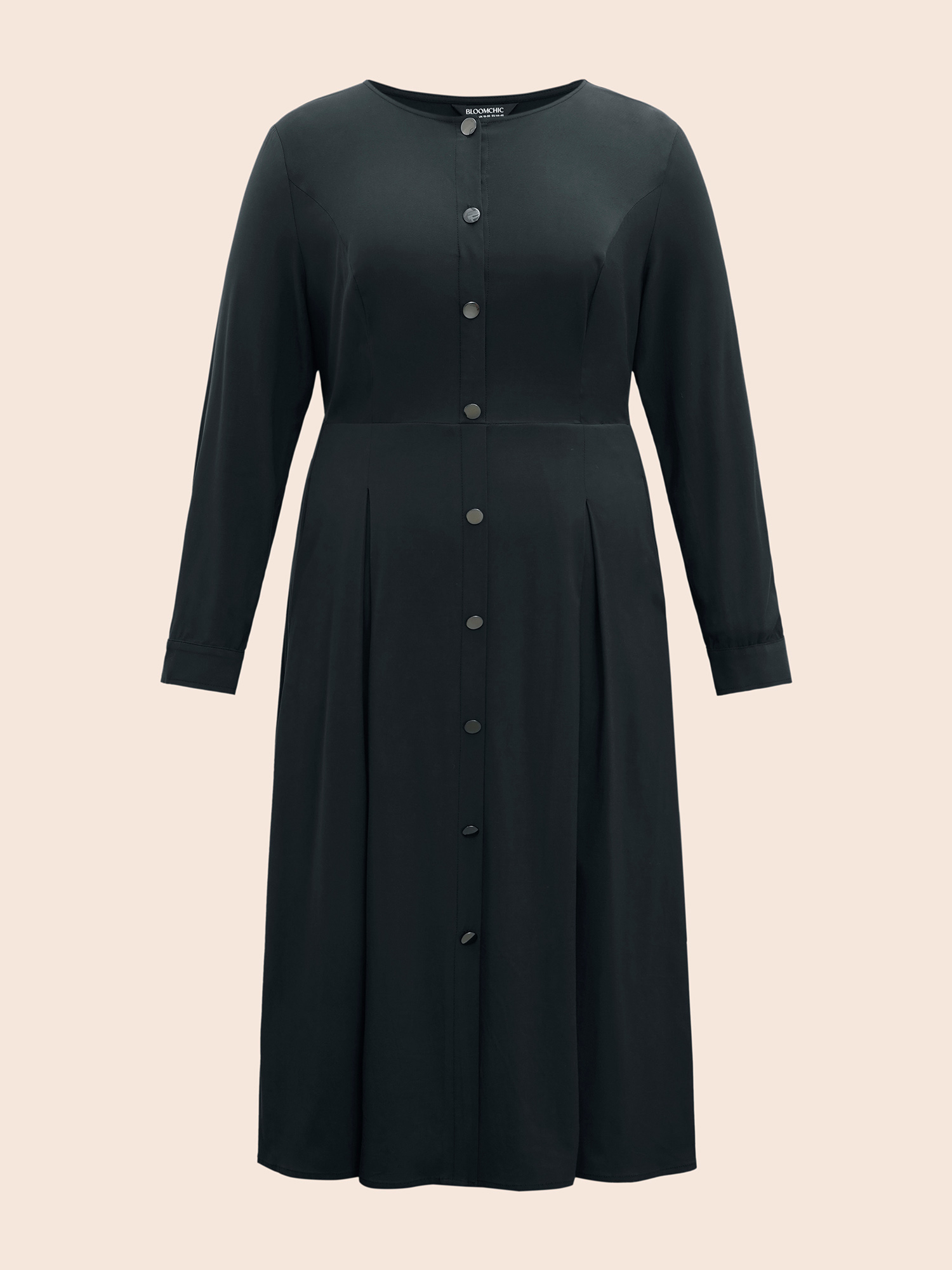 Plus Size Stretch Woven Button Pleated Midi Dress Black Women At the Office Pleated Round Neck Long Sleeve Curvy BloomChic 10/M 