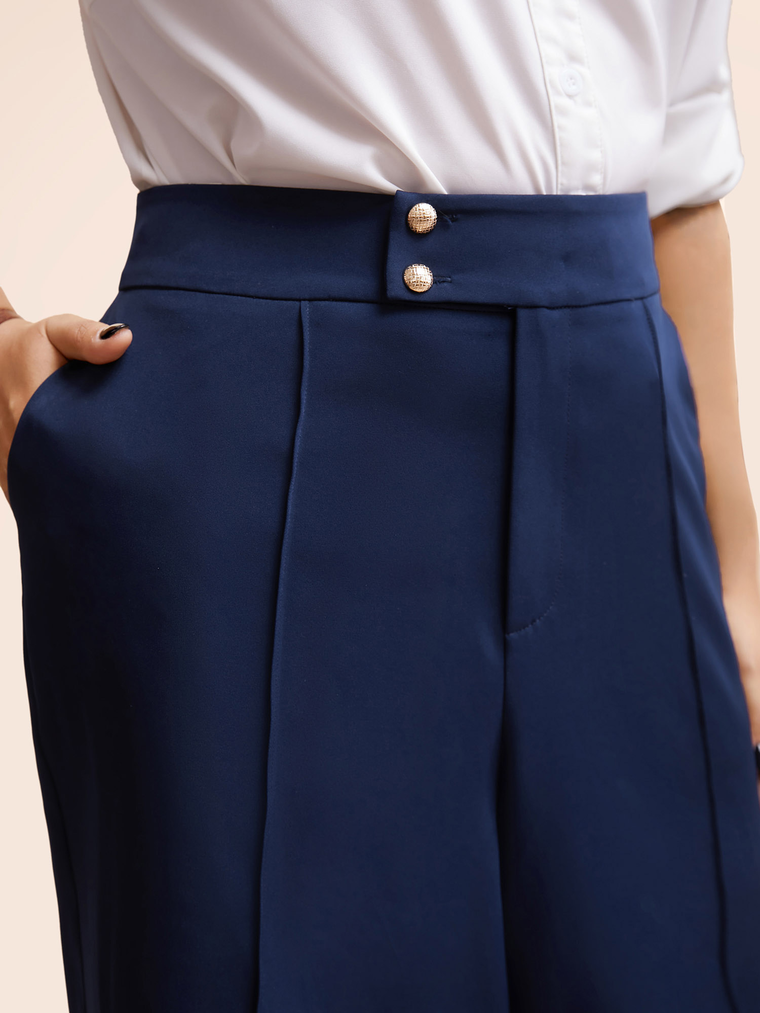 

Plus Size Stretch Woven Metal Buckle Wide Leg Pants Women Indigo At the Office Wide Leg Mid Rise Work Pants BloomChic