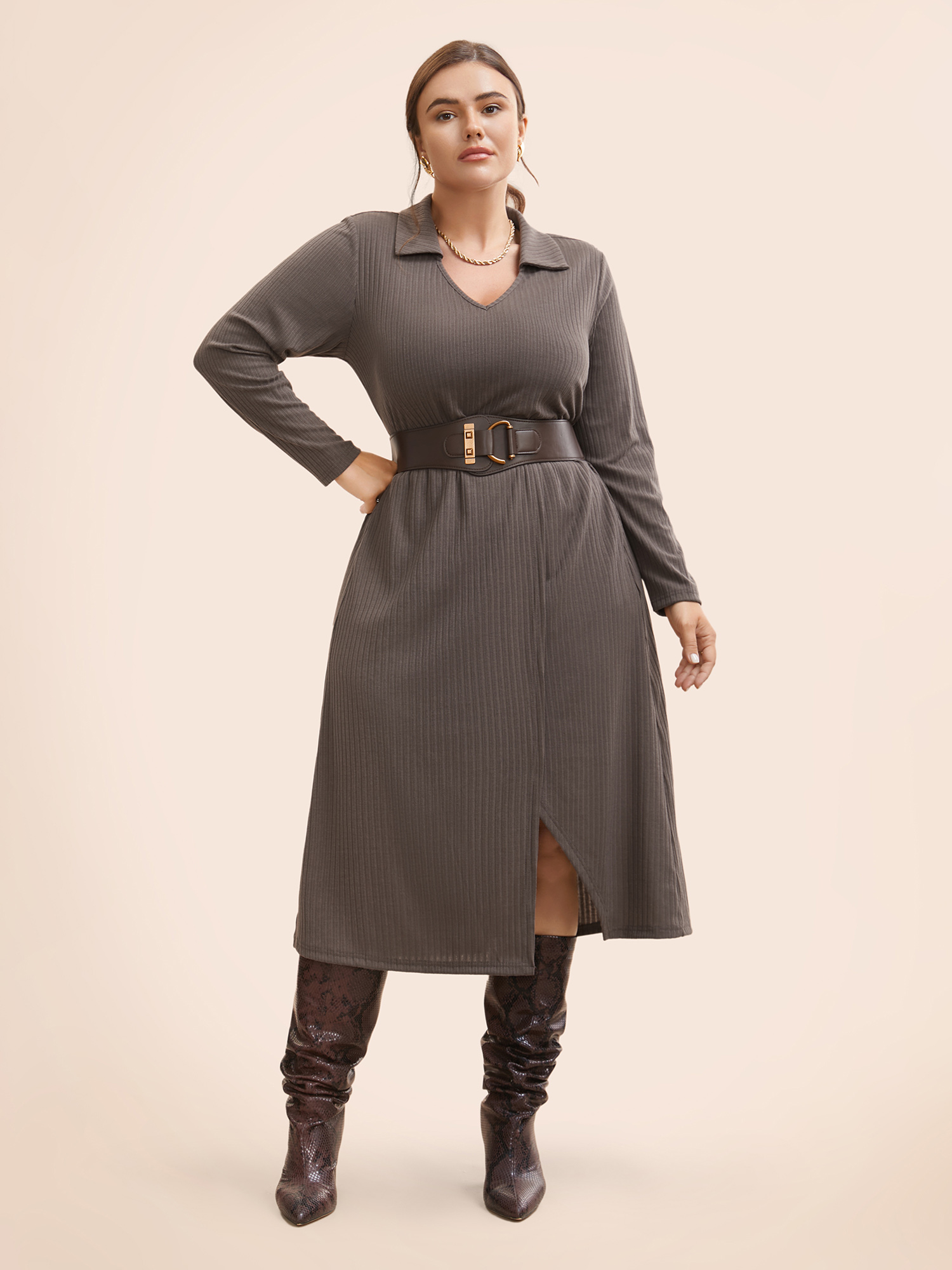 

Plus Size Knitted Stretch Woven Wrap Midi Dress DimGray Women At the Office Texture Shirt collar Long Sleeve Curvy BloomChic