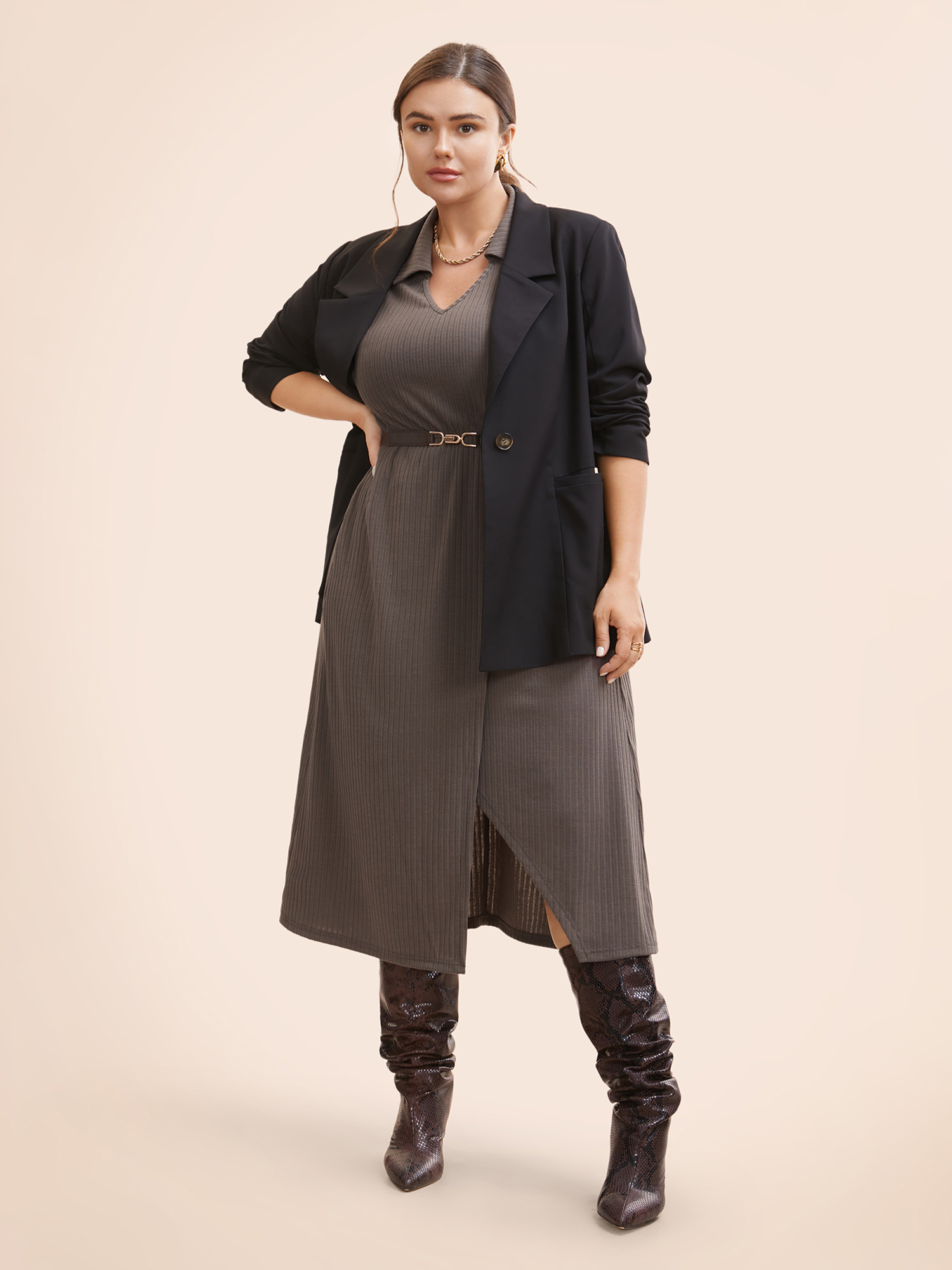 Plus Size Knitted Stretch Woven Wrap Midi Dress DimGray Women At the Office Texture Shirt collar Long Sleeve Curvy BloomChic 26/4X 